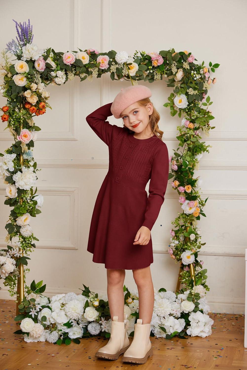 imageGRACE KARIN Girl Dress Long Sleeve Sweater Ruffle Button Front Knit Casual Fall Winter Dresses for Girls 512Wine Red