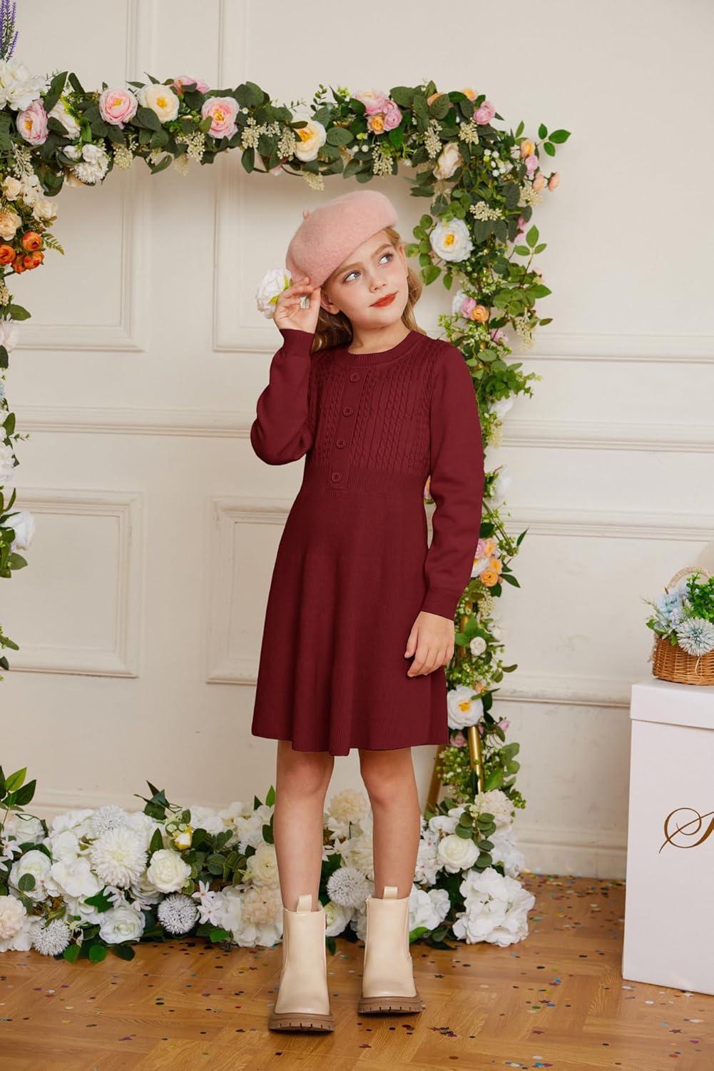 imageGRACE KARIN Girl Dress Long Sleeve Sweater Ruffle Button Front Knit Casual Fall Winter Dresses for Girls 512Wine Red