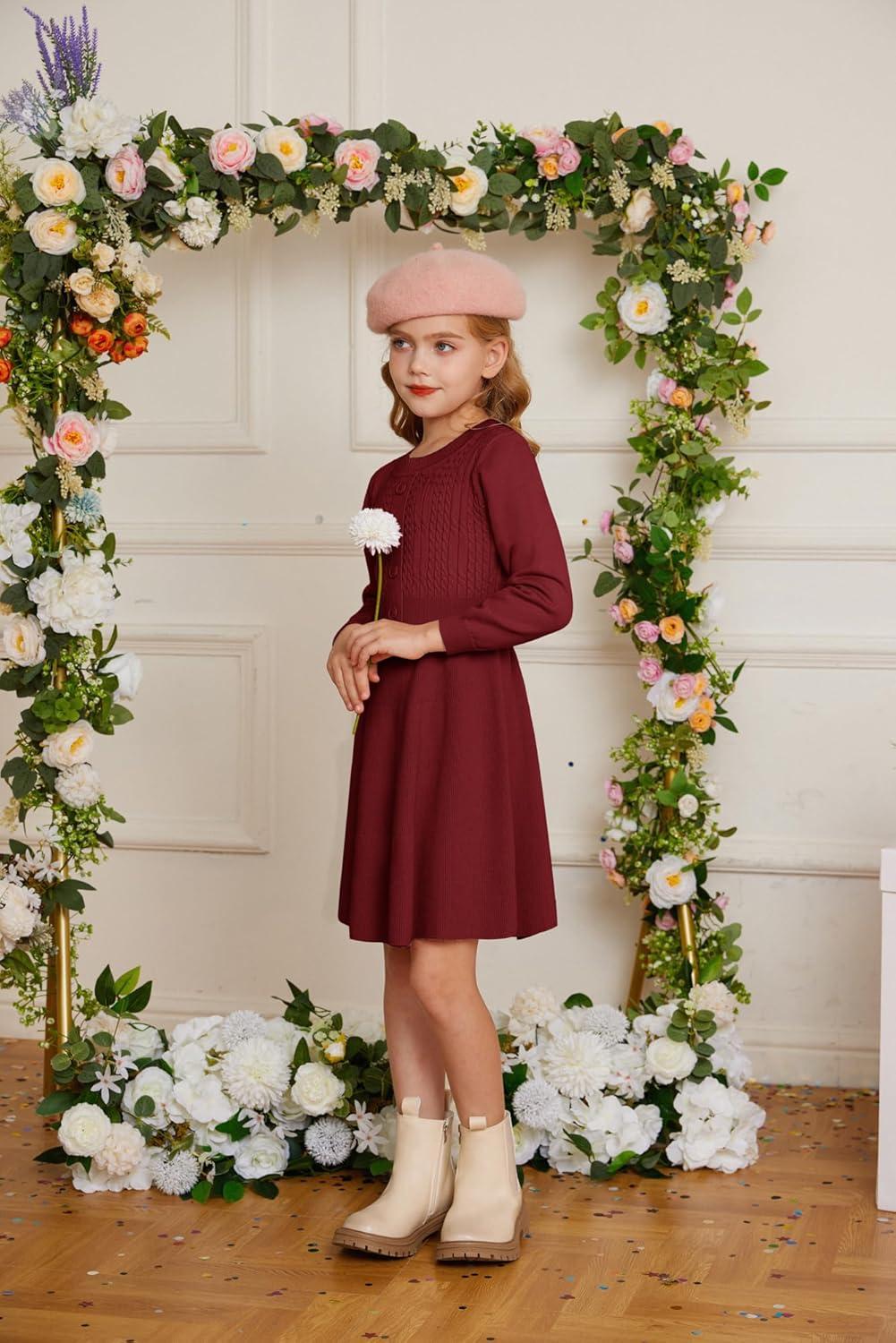 imageGRACE KARIN Girl Dress Long Sleeve Sweater Ruffle Button Front Knit Casual Fall Winter Dresses for Girls 512Wine Red