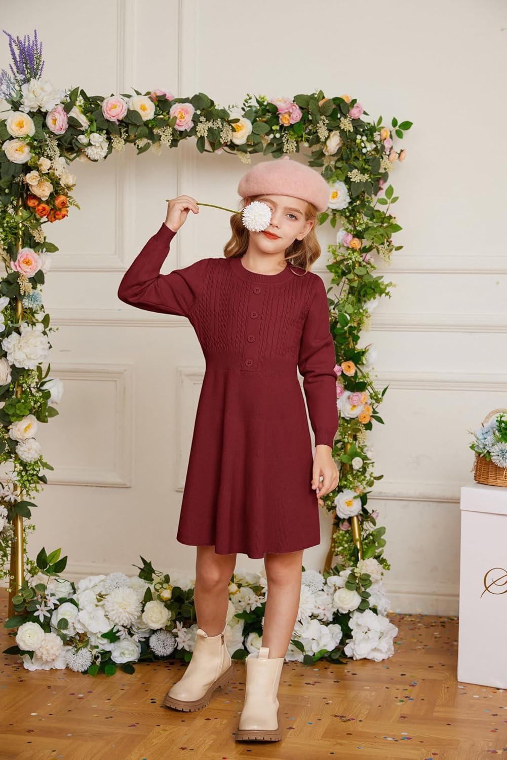 imageGRACE KARIN Girl Dress Long Sleeve Sweater Ruffle Button Front Knit Casual Fall Winter Dresses for Girls 512Wine Red