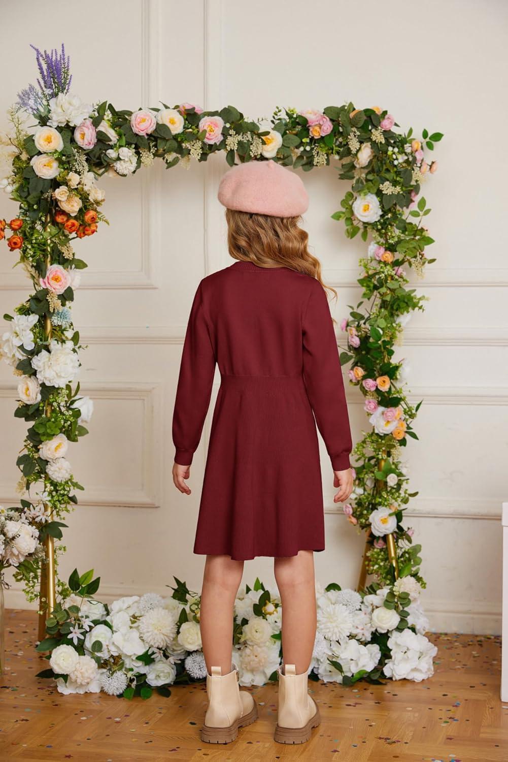 imageGRACE KARIN Girl Dress Long Sleeve Sweater Ruffle Button Front Knit Casual Fall Winter Dresses for Girls 512Wine Red