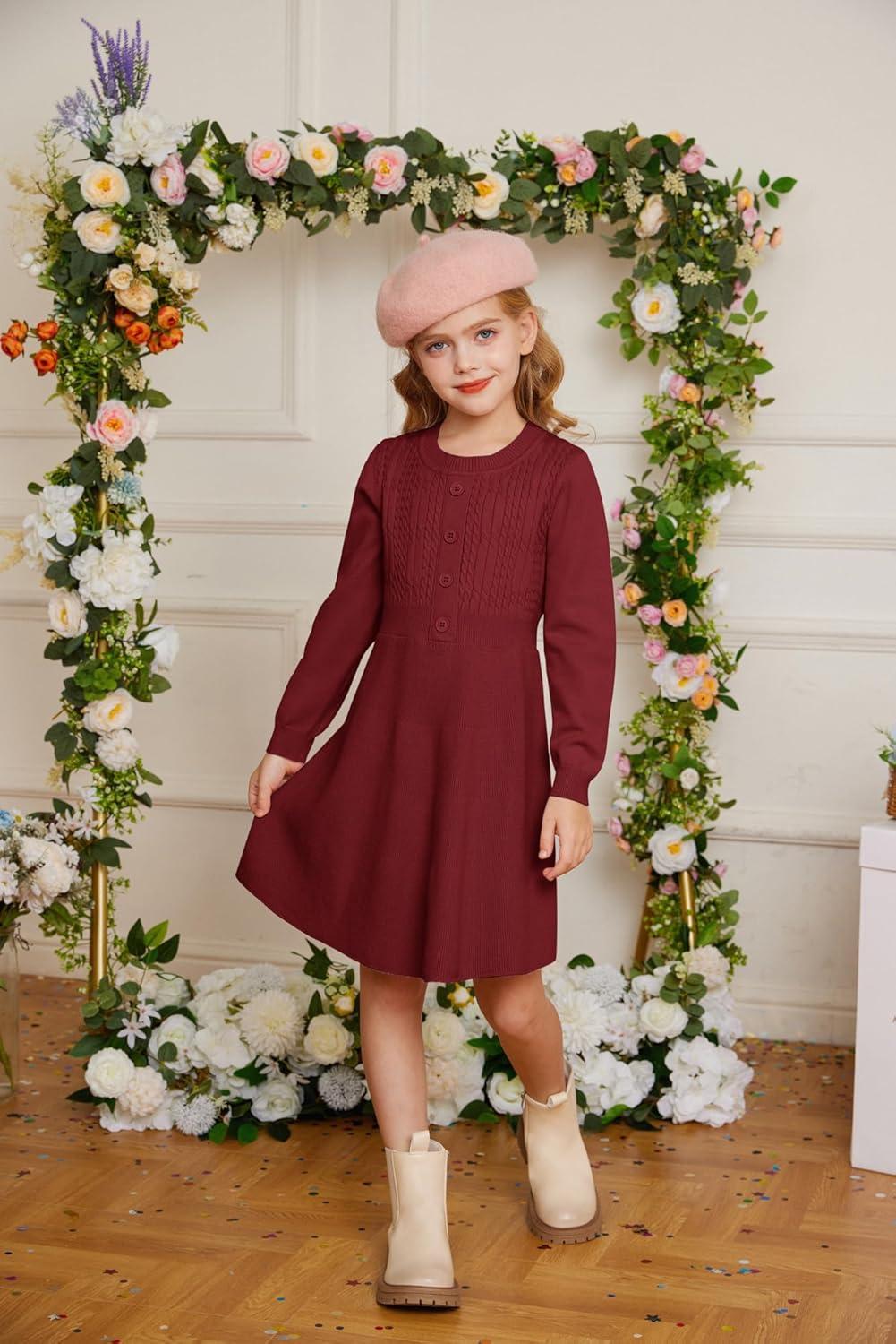 imageGRACE KARIN Girl Dress Long Sleeve Sweater Ruffle Button Front Knit Casual Fall Winter Dresses for Girls 512Wine Red