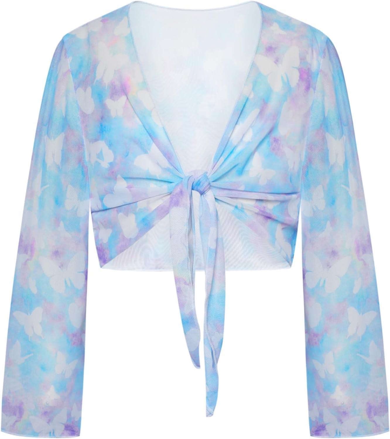 imageGRACE KARIN Girls Bathing Suit Adjustable Taniki Swimsuit Tie Front 4 Piece Bikini Set with Kimono Cover Up 614Blooming Butterfly