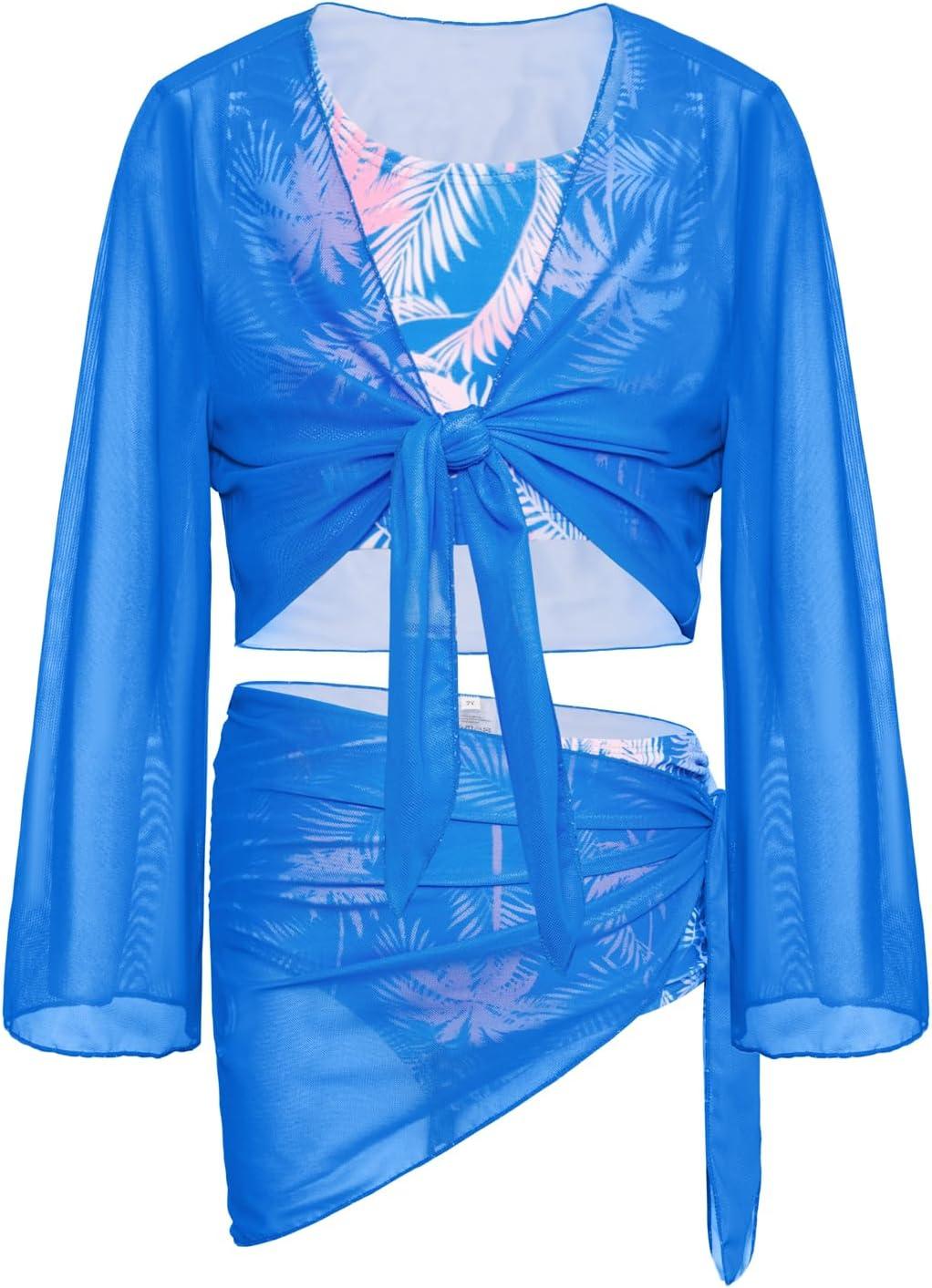 imageGRACE KARIN Girls Bathing Suit Adjustable Taniki Swimsuit Tie Front 4 Piece Bikini Set with Kimono Cover Up 614Bluecoconut