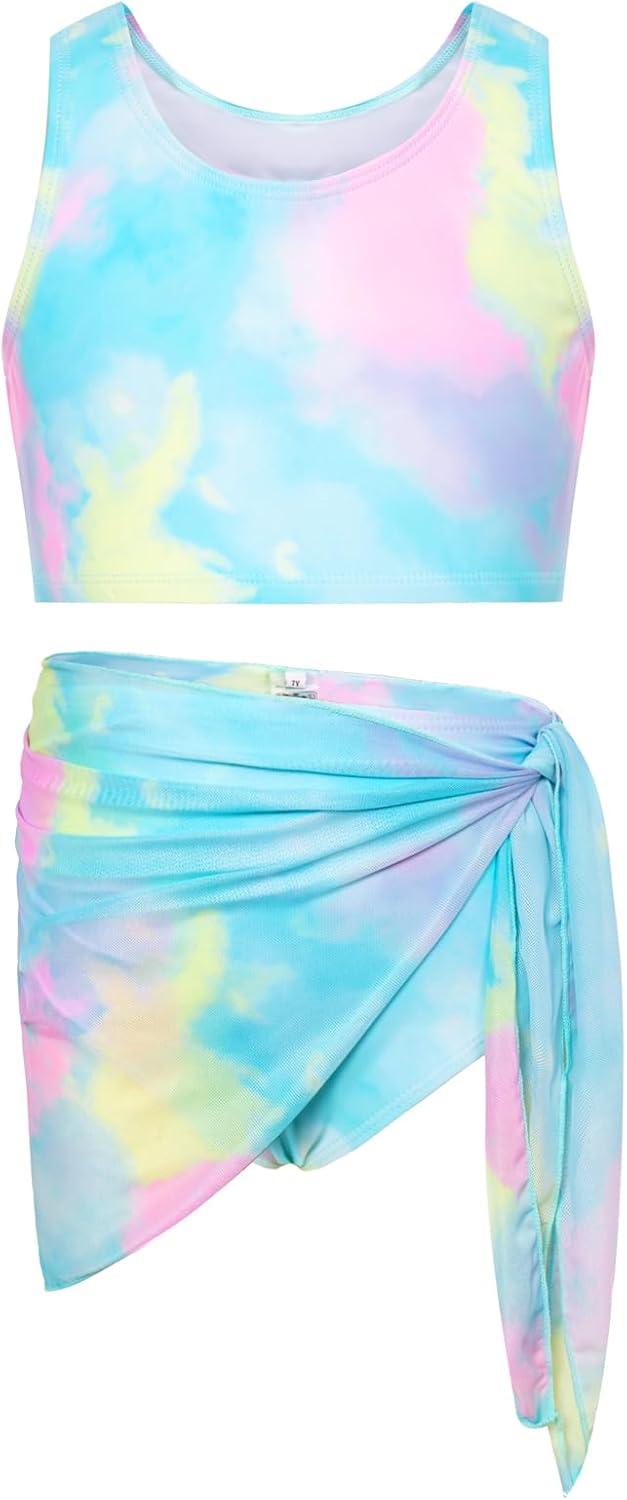 imageGRACE KARIN Girls Bathing Suit Adjustable Taniki Swimsuit Tie Front 4 Piece Bikini Set with Kimono Cover Up 614Bluegreen