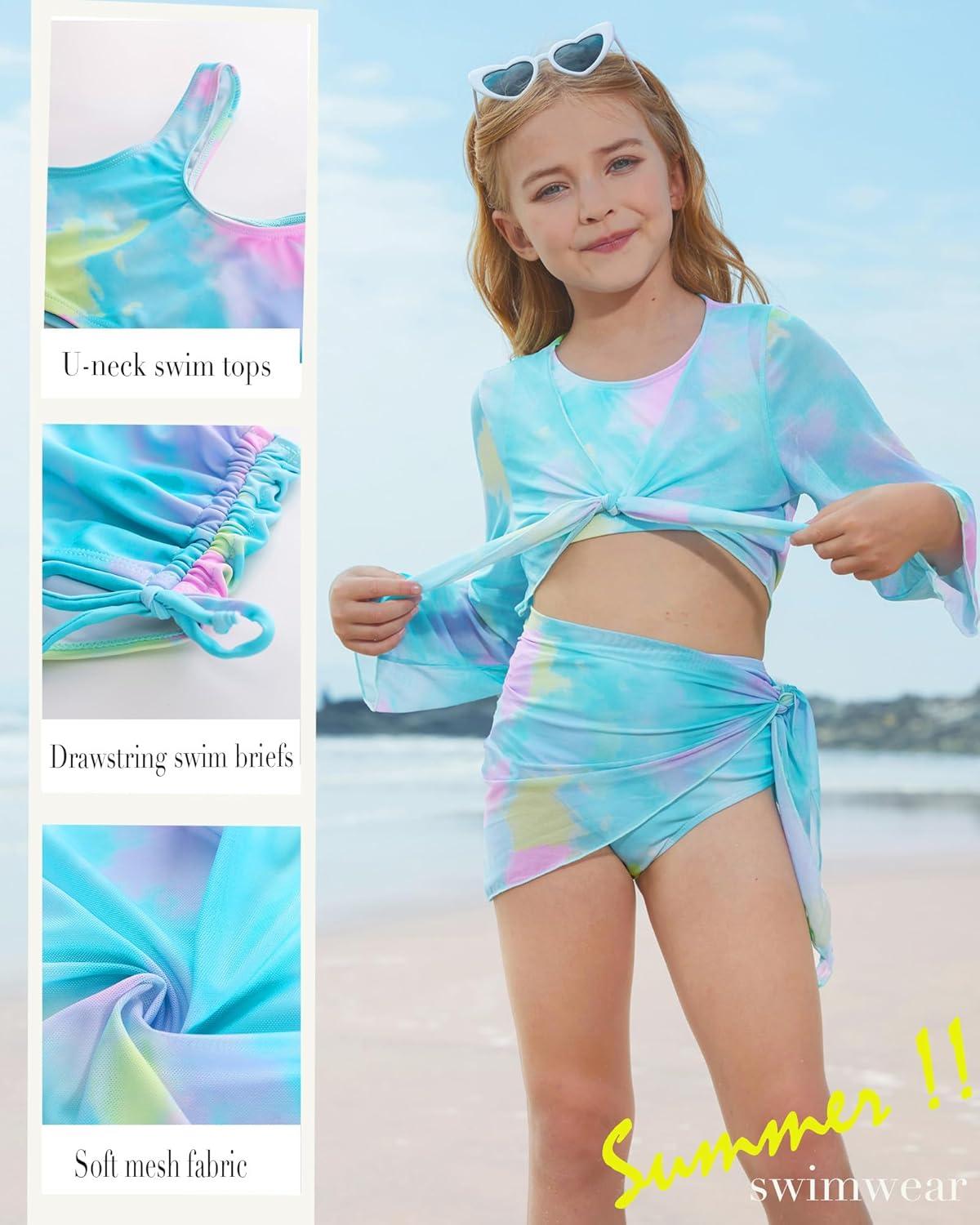 imageGRACE KARIN Girls Bathing Suit Adjustable Taniki Swimsuit Tie Front 4 Piece Bikini Set with Kimono Cover Up 614Bluegreen