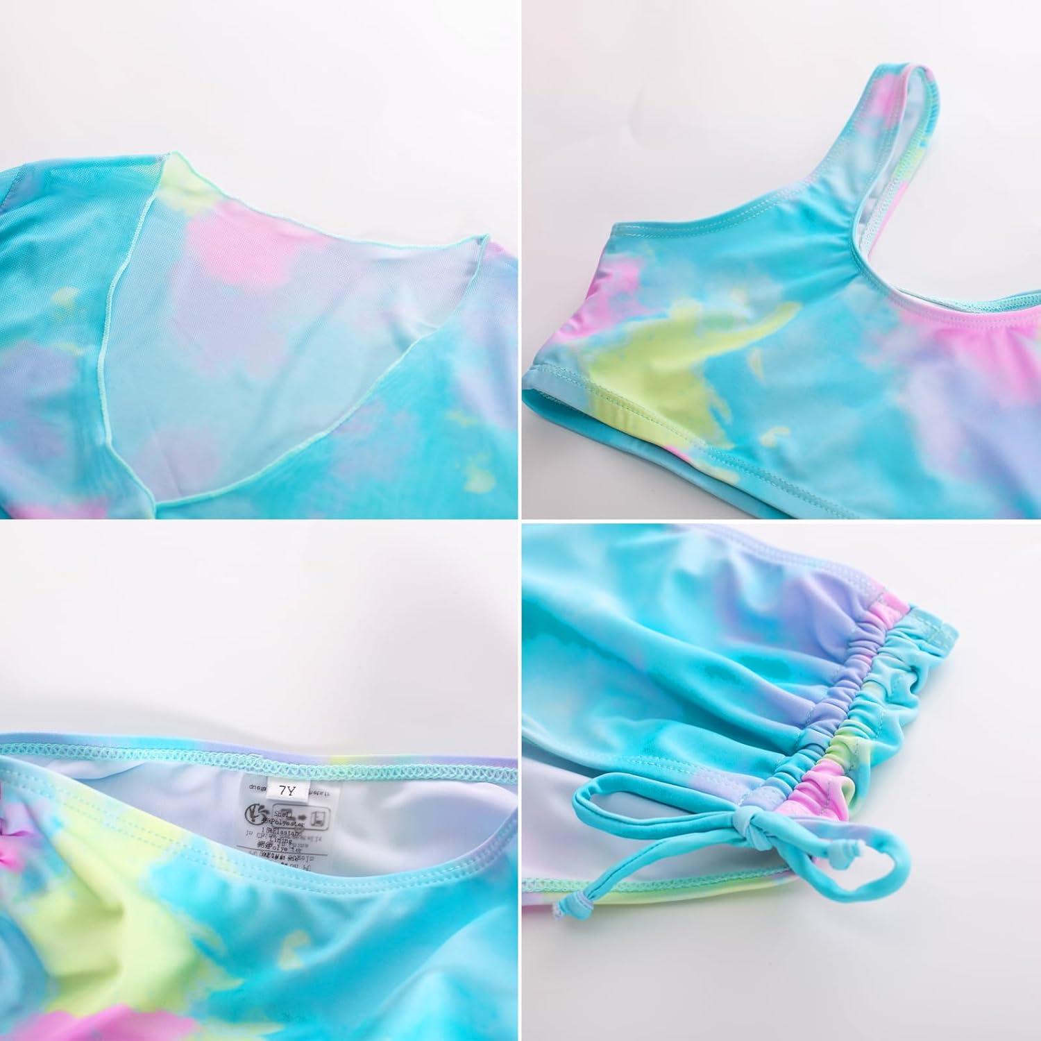 imageGRACE KARIN Girls Bathing Suit Adjustable Taniki Swimsuit Tie Front 4 Piece Bikini Set with Kimono Cover Up 614Bluegreen
