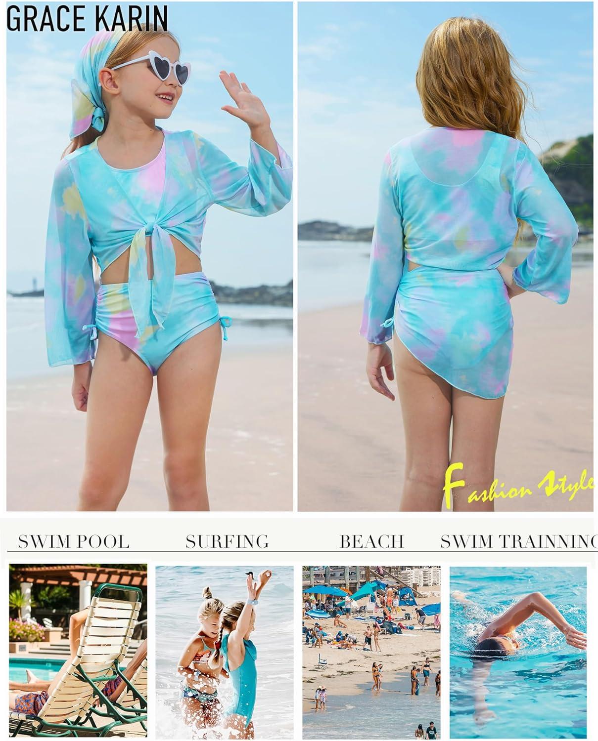 imageGRACE KARIN Girls Bathing Suit Adjustable Taniki Swimsuit Tie Front 4 Piece Bikini Set with Kimono Cover Up 614Bluegreen