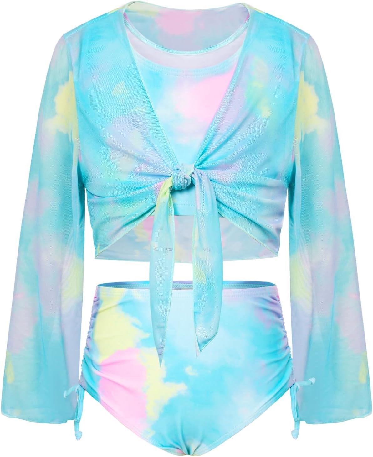imageGRACE KARIN Girls Bathing Suit Adjustable Taniki Swimsuit Tie Front 4 Piece Bikini Set with Kimono Cover Up 614Bluegreen