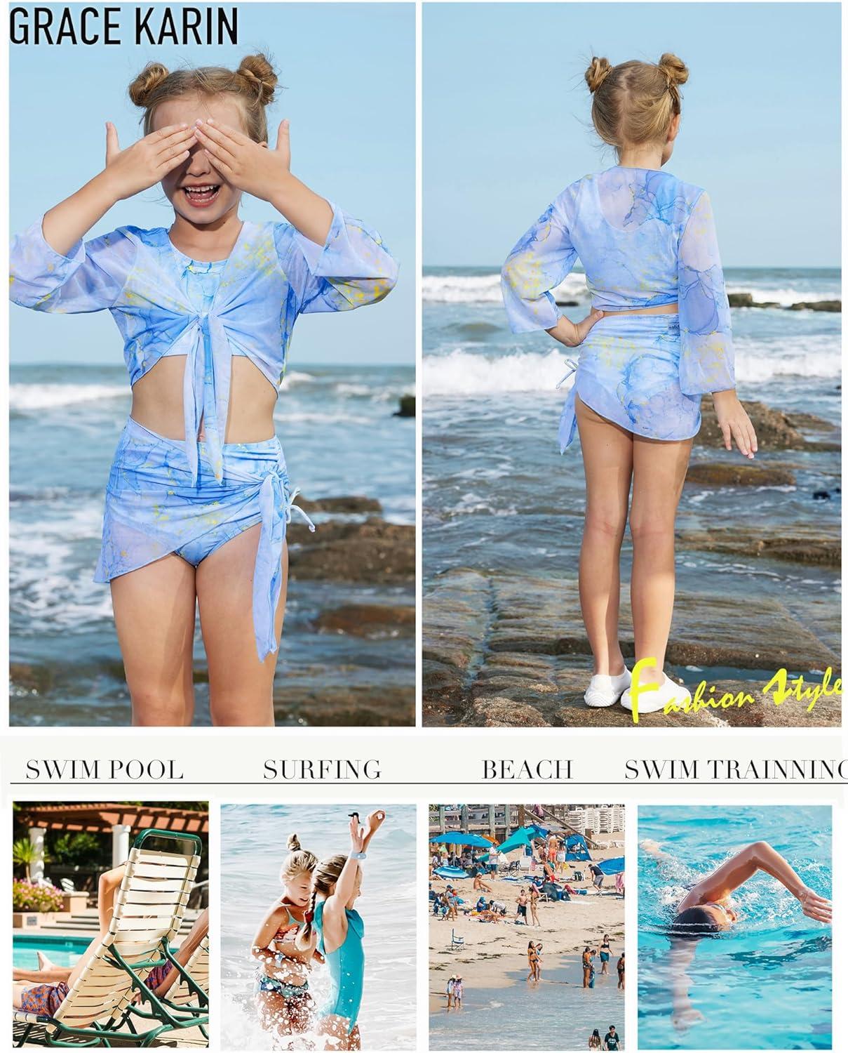 imageGRACE KARIN Girls Bathing Suit Adjustable Taniki Swimsuit Tie Front 4 Piece Bikini Set with Kimono Cover Up 614Bluepurple