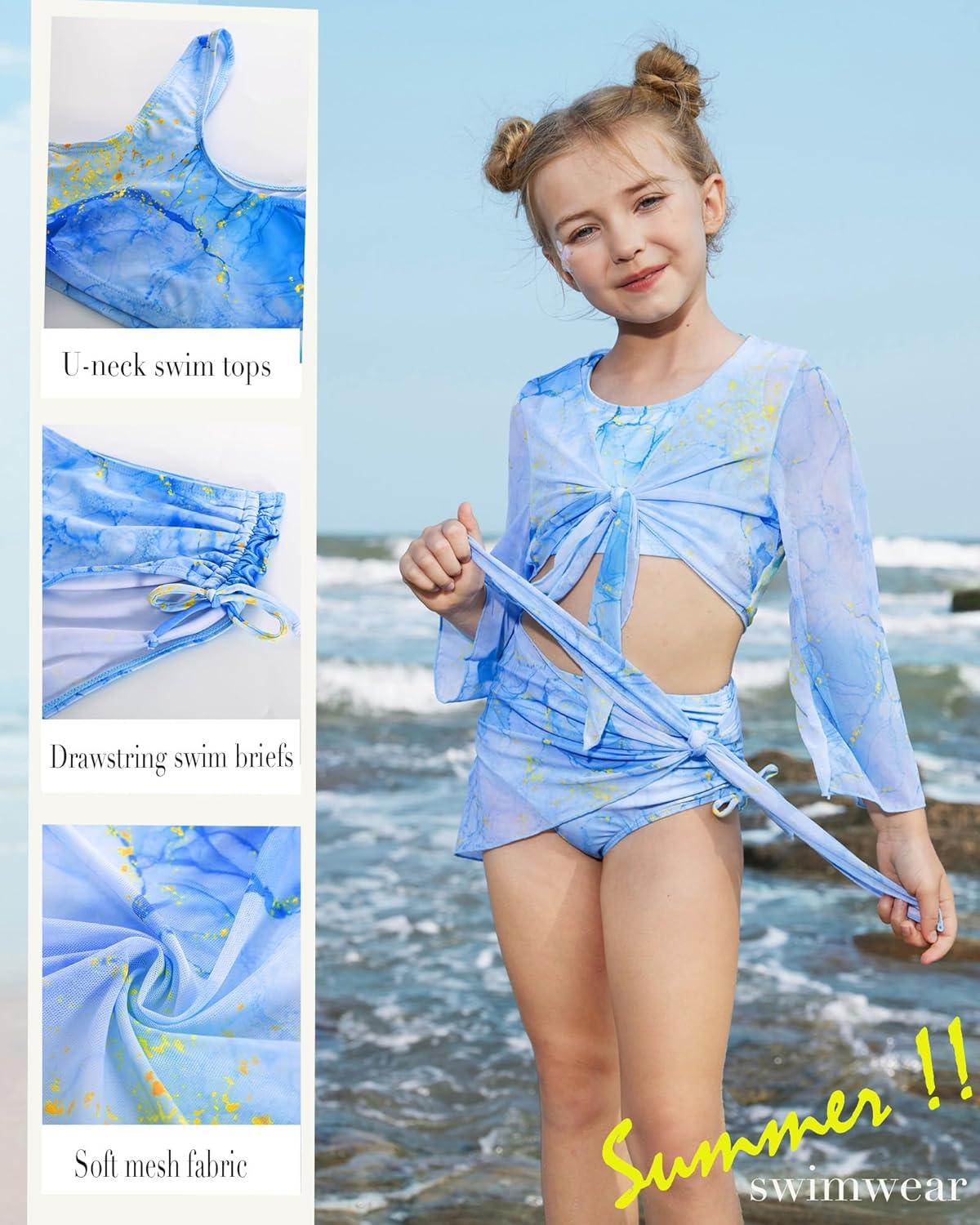 imageGRACE KARIN Girls Bathing Suit Adjustable Taniki Swimsuit Tie Front 4 Piece Bikini Set with Kimono Cover Up 614Bluepurple