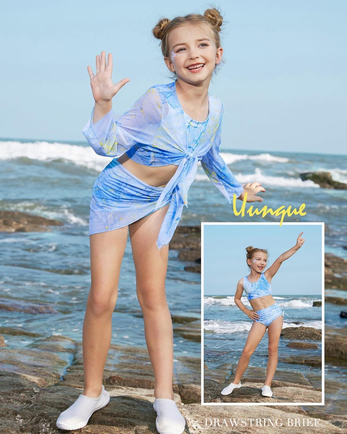 imageGRACE KARIN Girls Bathing Suit Adjustable Taniki Swimsuit Tie Front 4 Piece Bikini Set with Kimono Cover Up 614Bluepurple
