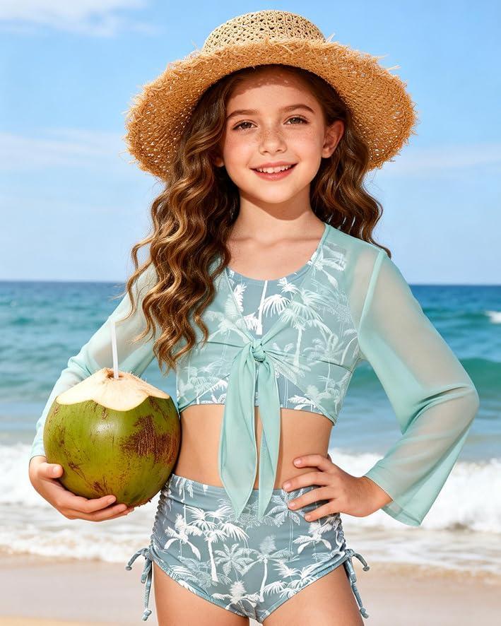 imageGRACE KARIN Girls Bathing Suit Adjustable Taniki Swimsuit Tie Front 4 Piece Bikini Set with Kimono Cover Up 614Green Bluecoconut Tree