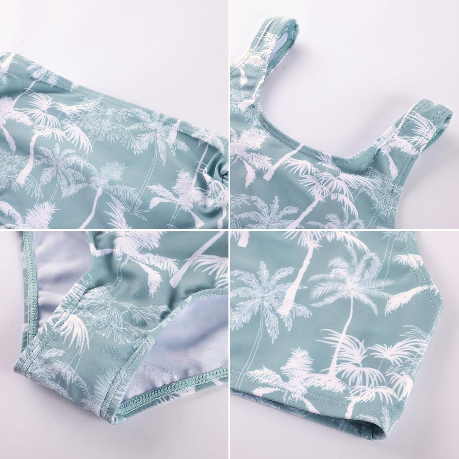 imageGRACE KARIN Girls Bathing Suit Adjustable Taniki Swimsuit Tie Front 4 Piece Bikini Set with Kimono Cover Up 614Green Bluecoconut Tree
