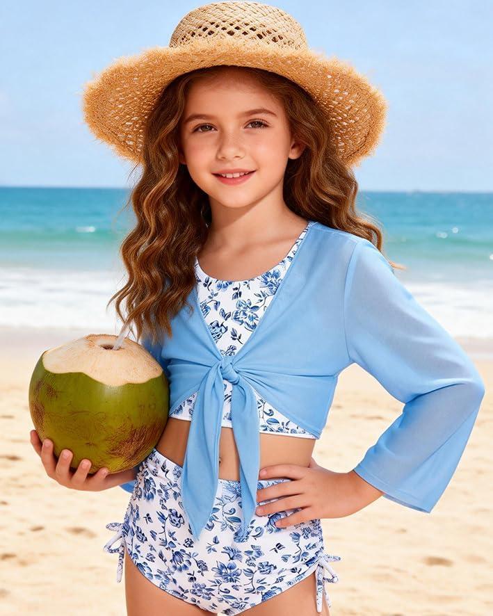 imageGRACE KARIN Girls Bathing Suit Adjustable Taniki Swimsuit Tie Front 4 Piece Bikini Set with Kimono Cover Up 614Green White Floral