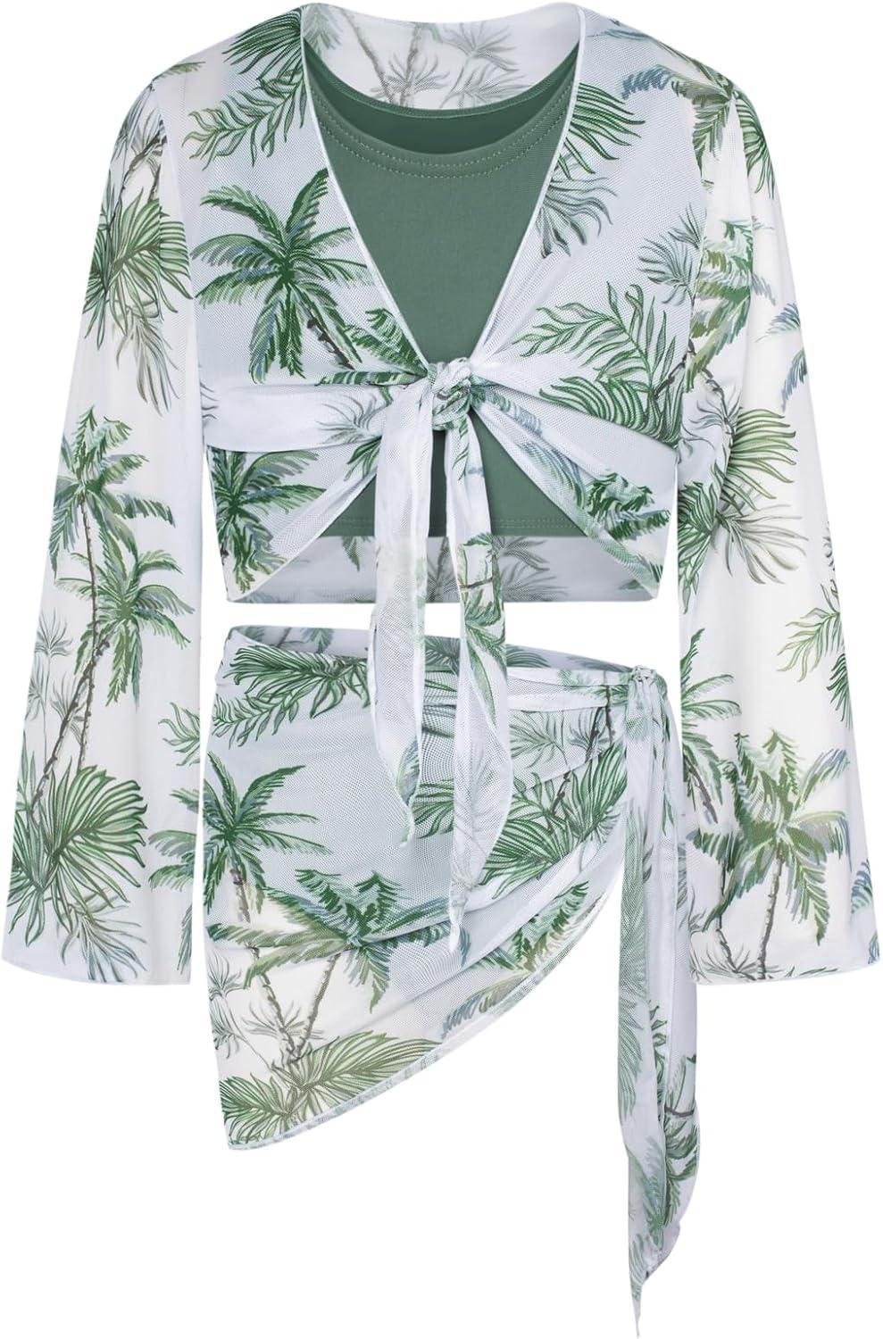 imageGRACE KARIN Girls Bathing Suit Adjustable Taniki Swimsuit Tie Front 4 Piece Bikini Set with Kimono Cover Up 614Greencoconut