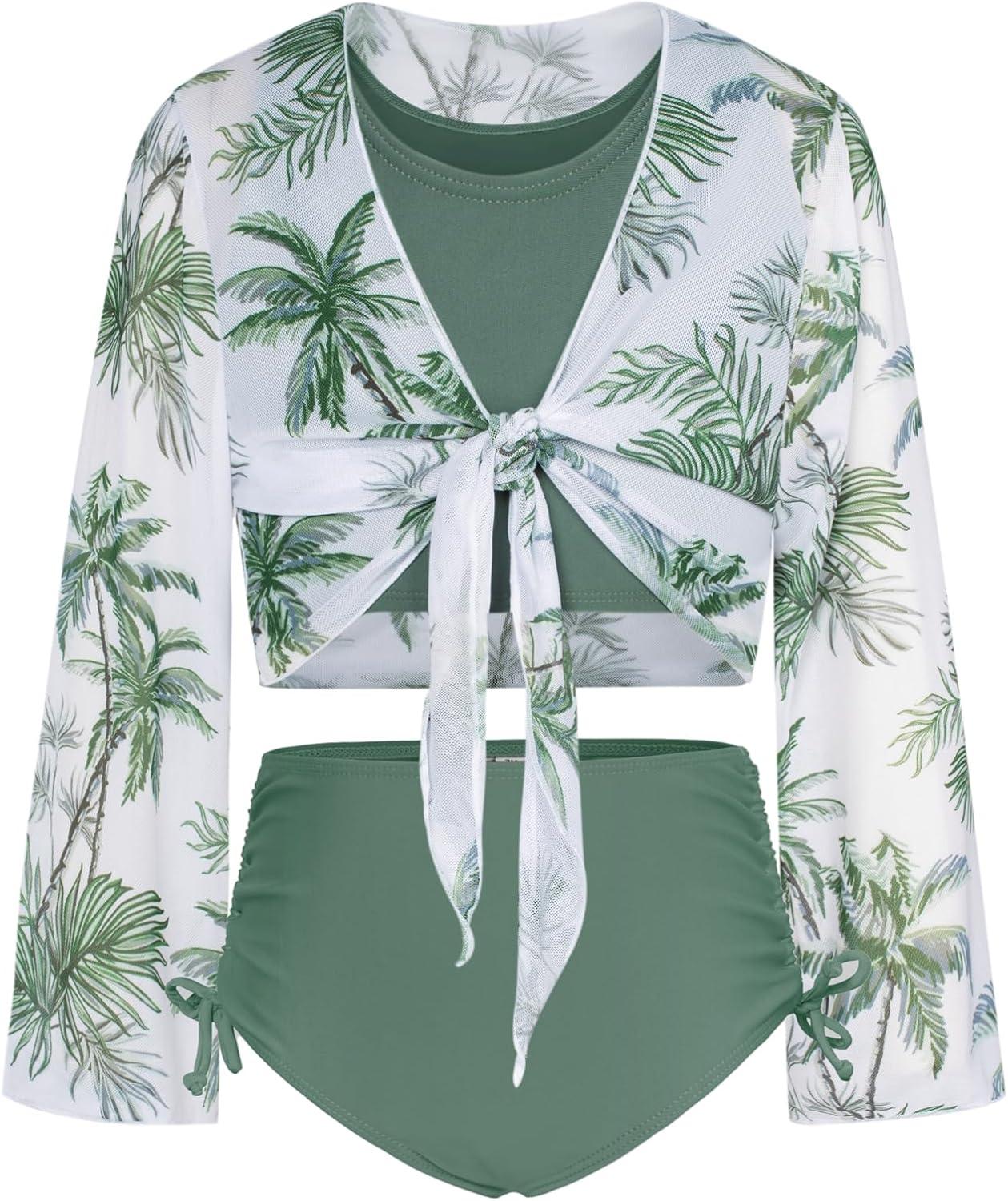 imageGRACE KARIN Girls Bathing Suit Adjustable Taniki Swimsuit Tie Front 4 Piece Bikini Set with Kimono Cover Up 614Greencoconut