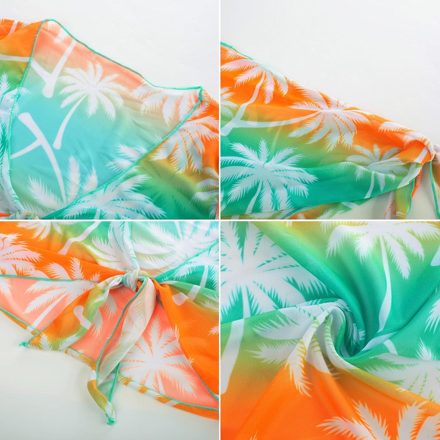 imageGRACE KARIN Girls Bathing Suit Adjustable Taniki Swimsuit Tie Front 4 Piece Bikini Set with Kimono Cover Up 614Greencoconut Tree