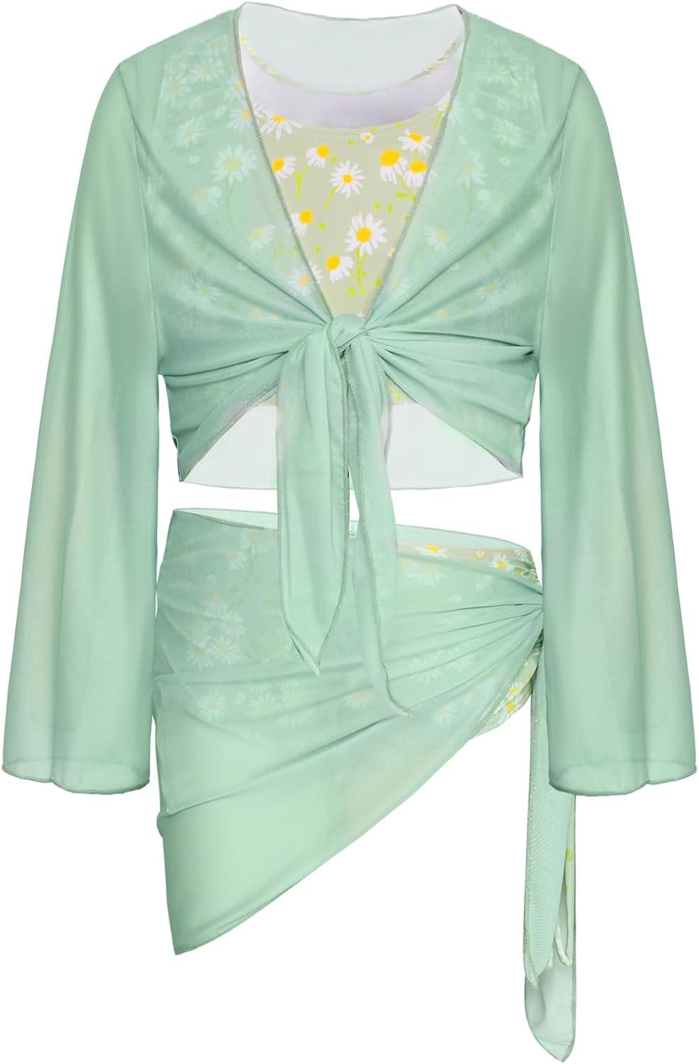 imageGRACE KARIN Girls Bathing Suit Adjustable Taniki Swimsuit Tie Front 4 Piece Bikini Set with Kimono Cover Up 614Greendaisy