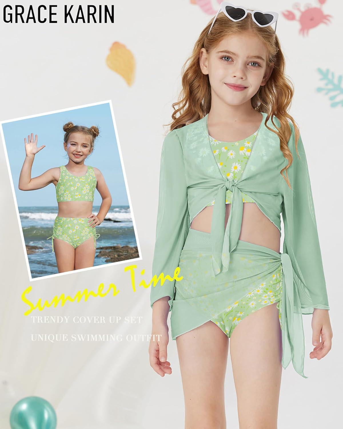 imageGRACE KARIN Girls Bathing Suit Adjustable Taniki Swimsuit Tie Front 4 Piece Bikini Set with Kimono Cover Up 614Greendaisy