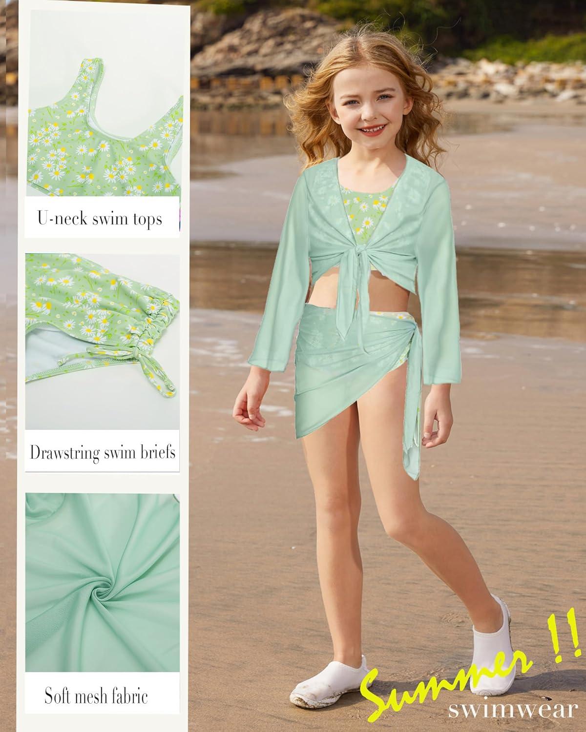 imageGRACE KARIN Girls Bathing Suit Adjustable Taniki Swimsuit Tie Front 4 Piece Bikini Set with Kimono Cover Up 614Greendaisy