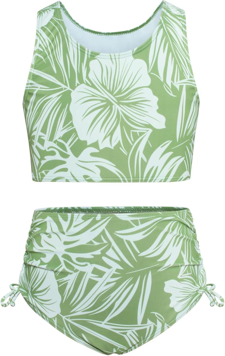 imageGRACE KARIN Girls Bathing Suit Adjustable Taniki Swimsuit Tie Front 4 Piece Bikini Set with Kimono Cover Up 614Greenwhite