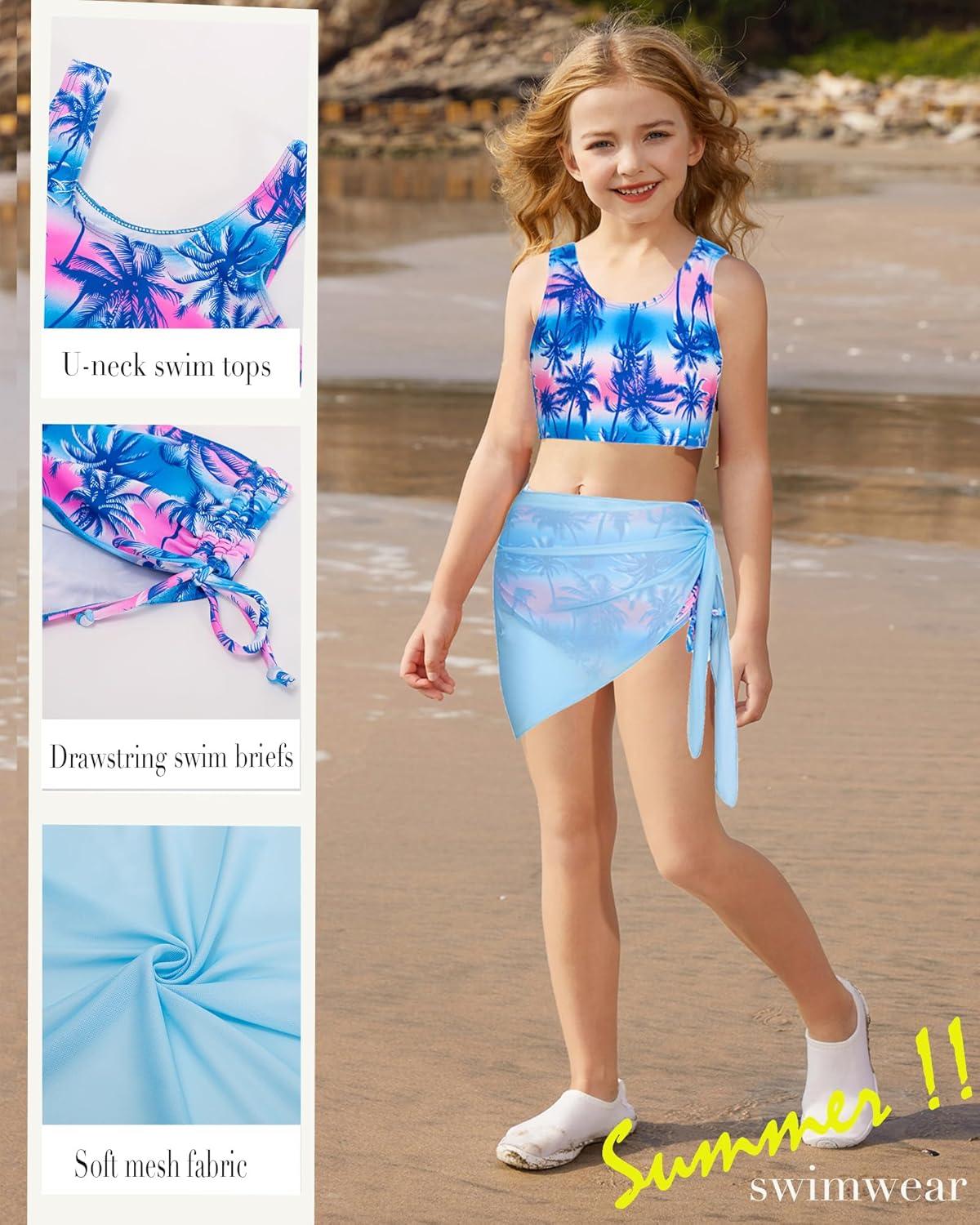 imageGRACE KARIN Girls Bathing Suit Adjustable Taniki Swimsuit Tie Front 4 Piece Bikini Set with Kimono Cover Up 614Light Bluecoconut