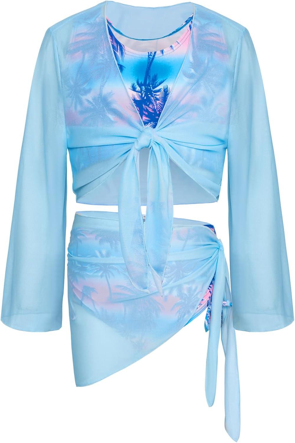 imageGRACE KARIN Girls Bathing Suit Adjustable Taniki Swimsuit Tie Front 4 Piece Bikini Set with Kimono Cover Up 614Light Bluecoconut