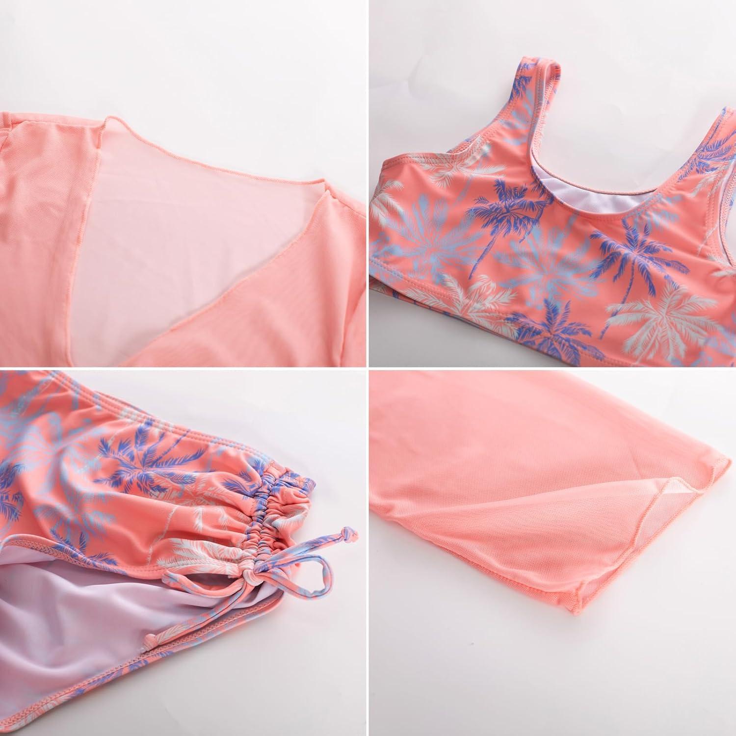 imageGRACE KARIN Girls Bathing Suit Adjustable Taniki Swimsuit Tie Front 4 Piece Bikini Set with Kimono Cover Up 614Light Pink