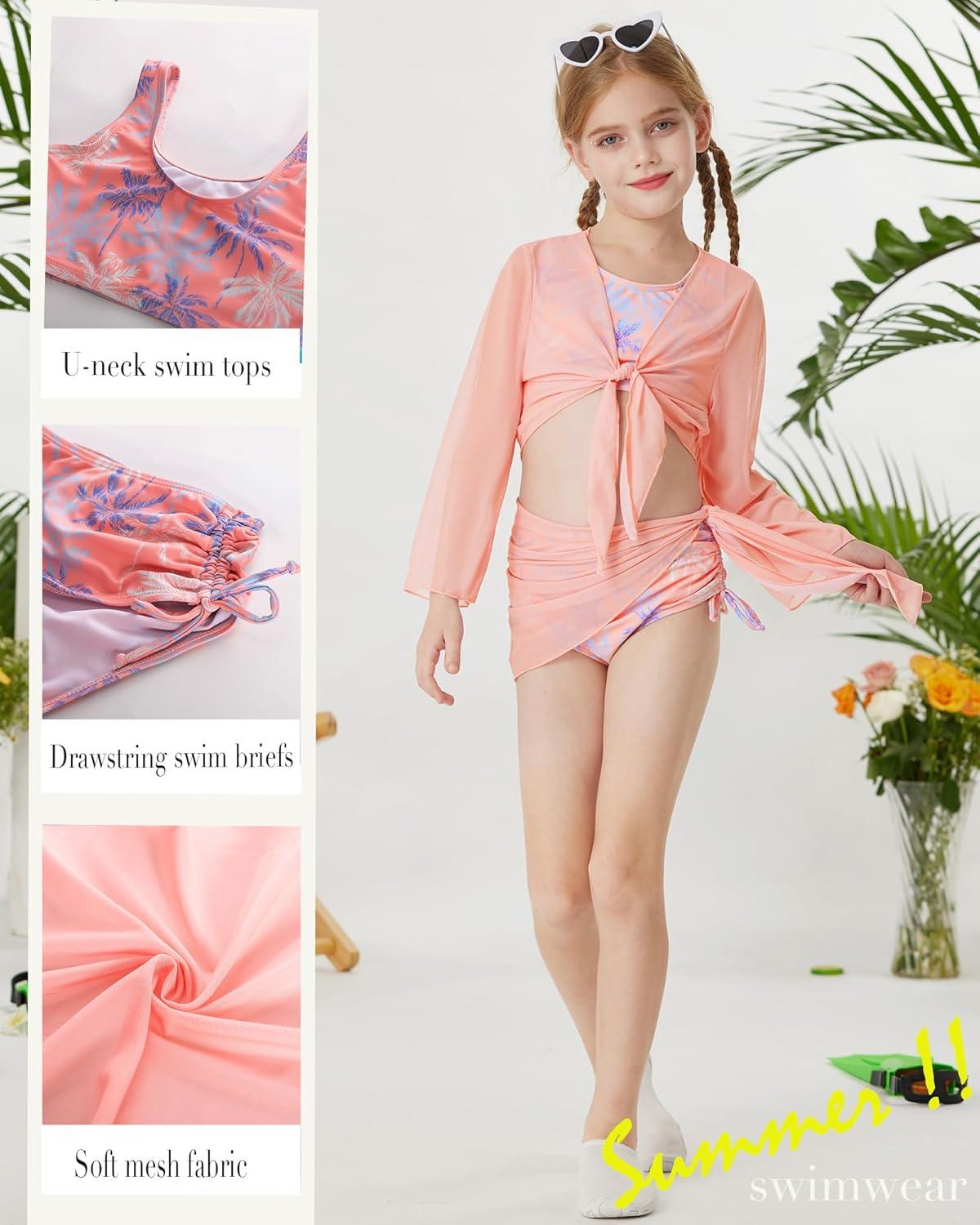 imageGRACE KARIN Girls Bathing Suit Adjustable Taniki Swimsuit Tie Front 4 Piece Bikini Set with Kimono Cover Up 614Light Pink
