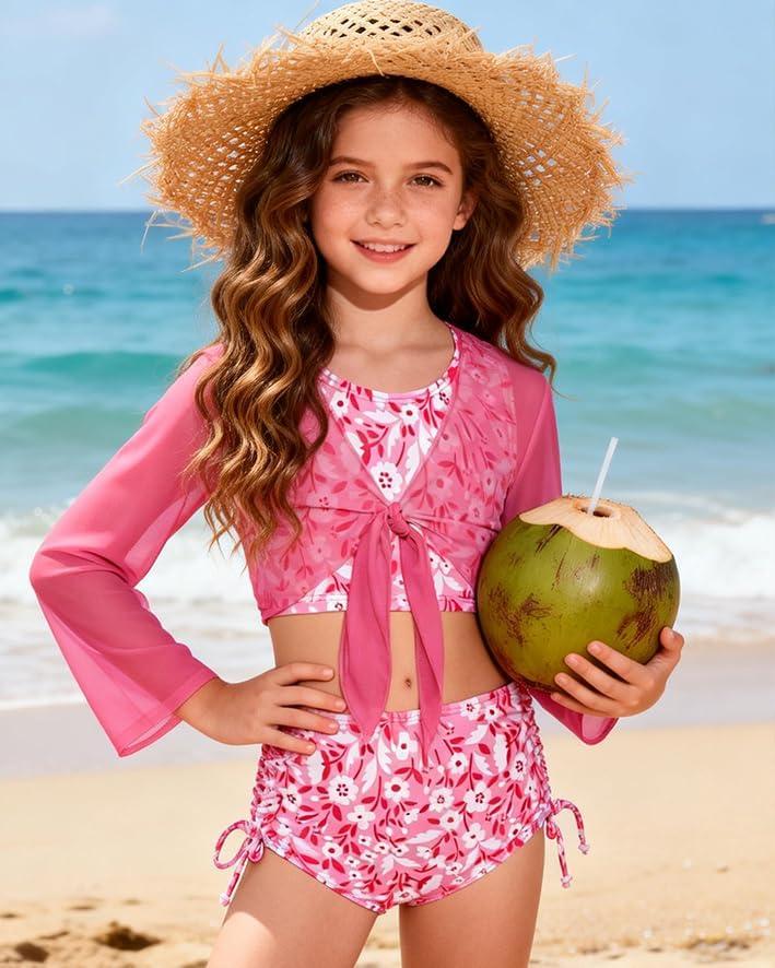 imageGRACE KARIN Girls Bathing Suit Adjustable Taniki Swimsuit Tie Front 4 Piece Bikini Set with Kimono Cover Up 614Pink White Floral