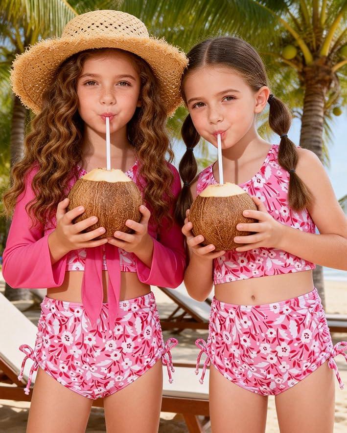 imageGRACE KARIN Girls Bathing Suit Adjustable Taniki Swimsuit Tie Front 4 Piece Bikini Set with Kimono Cover Up 614Pink White Floral