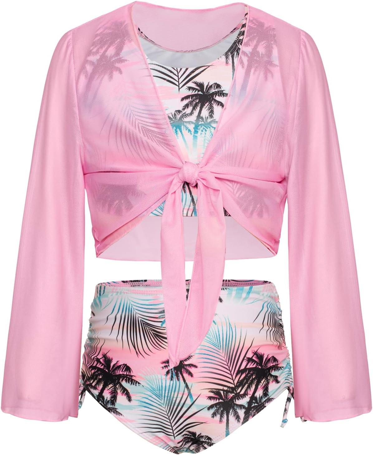 imageGRACE KARIN Girls Bathing Suit Adjustable Taniki Swimsuit Tie Front 4 Piece Bikini Set with Kimono Cover Up 614Pinkcoconut
