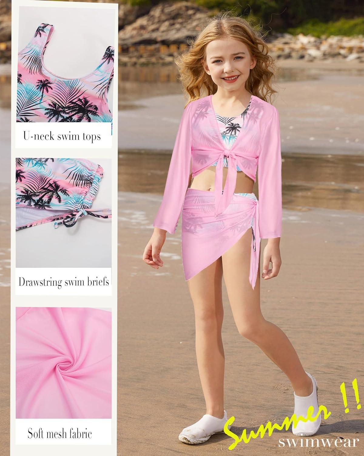 imageGRACE KARIN Girls Bathing Suit Adjustable Taniki Swimsuit Tie Front 4 Piece Bikini Set with Kimono Cover Up 614Pinkcoconut
