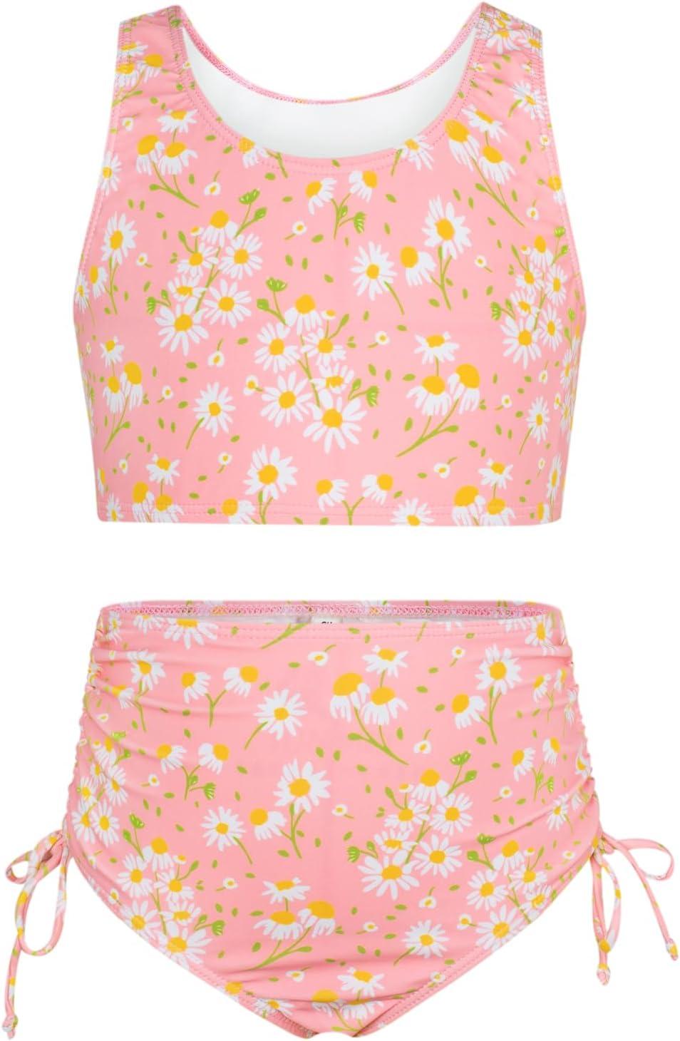 imageGRACE KARIN Girls Bathing Suit Adjustable Taniki Swimsuit Tie Front 4 Piece Bikini Set with Kimono Cover Up 614Pinkdaisy