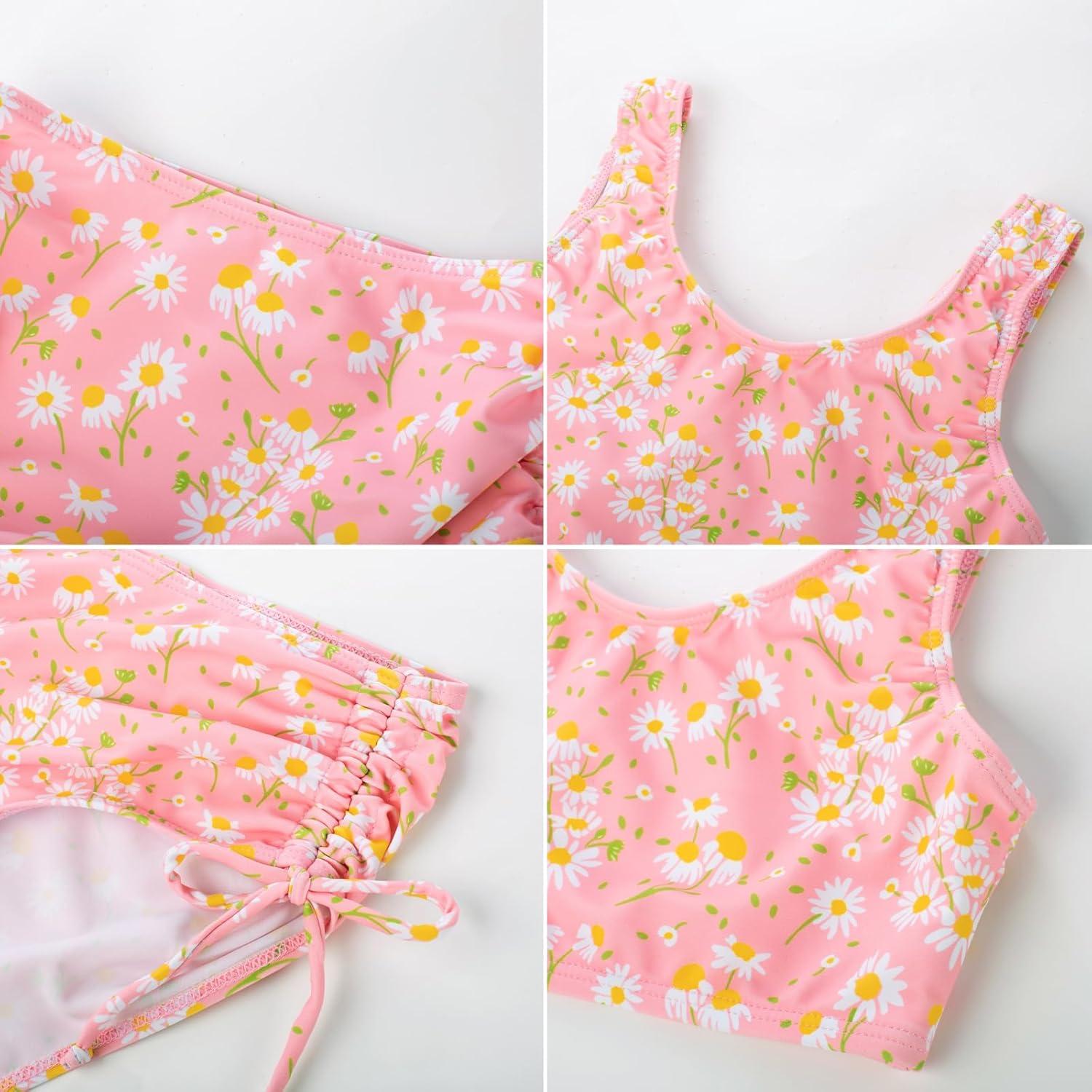 imageGRACE KARIN Girls Bathing Suit Adjustable Taniki Swimsuit Tie Front 4 Piece Bikini Set with Kimono Cover Up 614Pinkdaisy