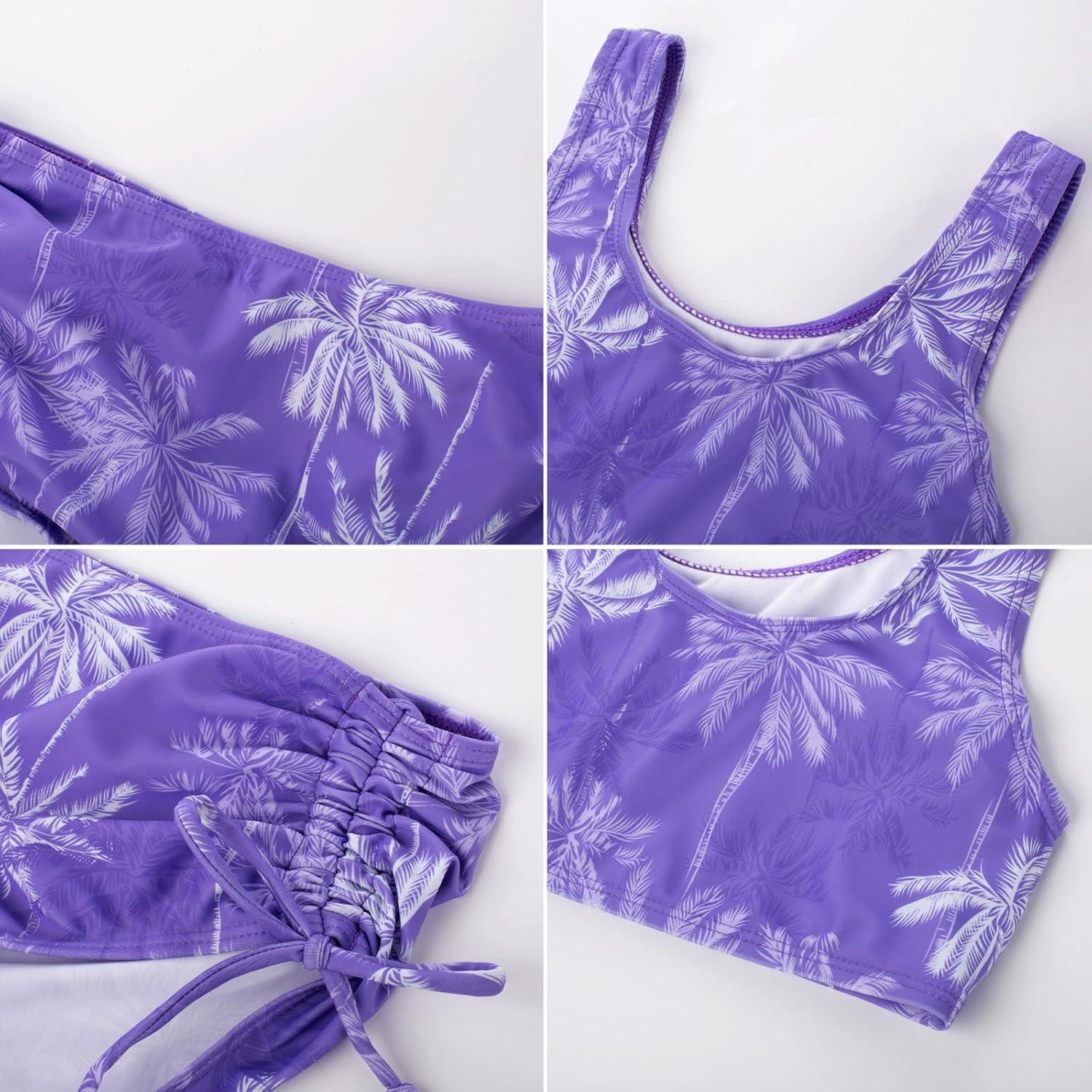 imageGRACE KARIN Girls Bathing Suit Adjustable Taniki Swimsuit Tie Front 4 Piece Bikini Set with Kimono Cover Up 614Purplecoconut