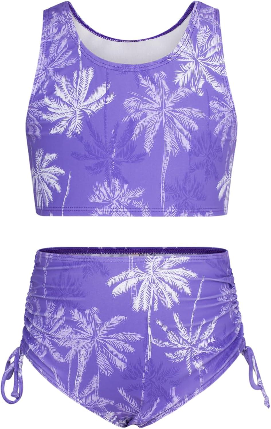 imageGRACE KARIN Girls Bathing Suit Adjustable Taniki Swimsuit Tie Front 4 Piece Bikini Set with Kimono Cover Up 614Purplecoconut