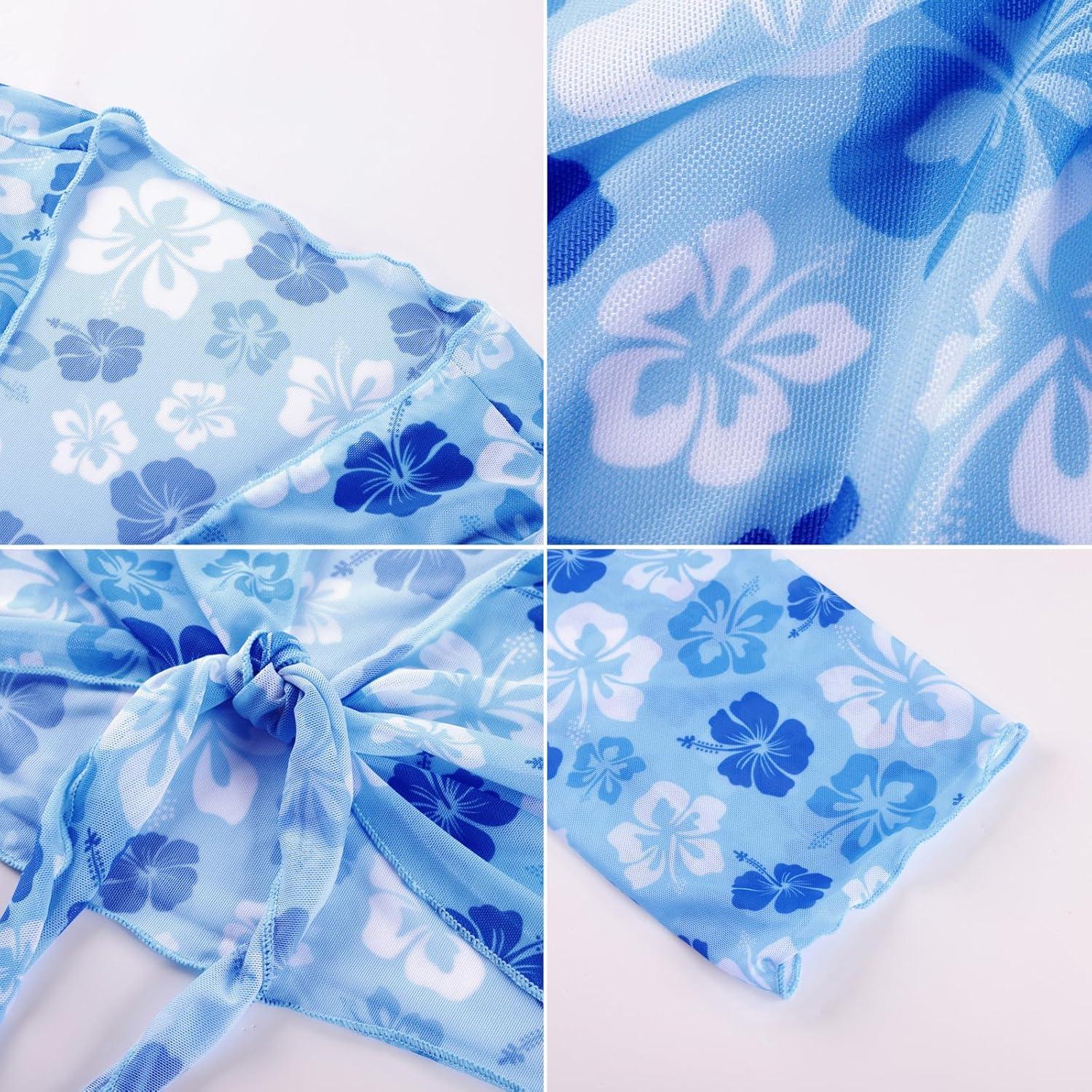 imageGRACE KARIN Girls Bathing Suit Adjustable Taniki Swimsuit Tie Front 4 Piece Bikini Set with Kimono Cover Up 614Sky Blue Floral