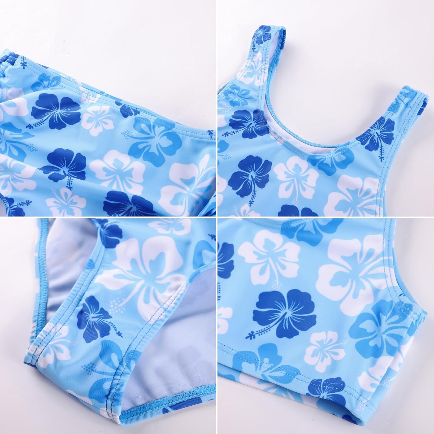 imageGRACE KARIN Girls Bathing Suit Adjustable Taniki Swimsuit Tie Front 4 Piece Bikini Set with Kimono Cover Up 614Sky Blue Floral