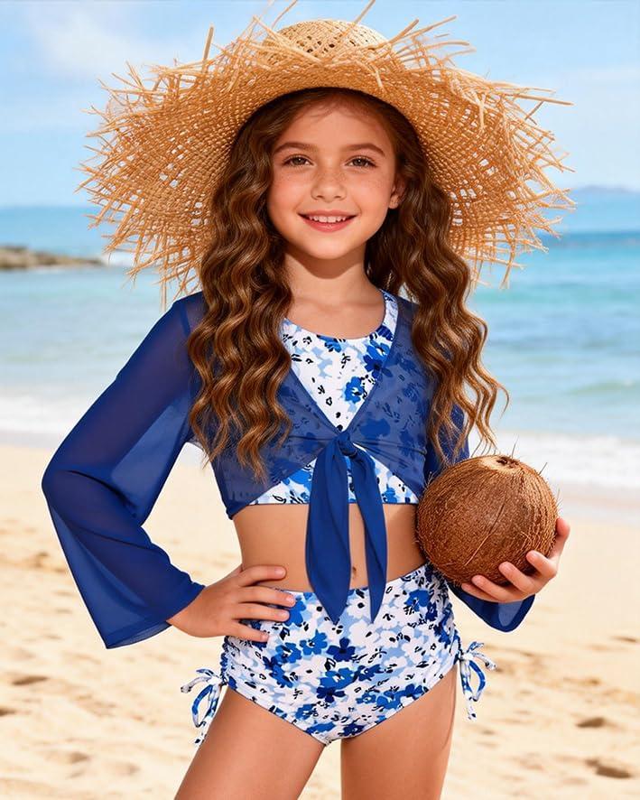 imageGRACE KARIN Girls Bathing Suit Adjustable Taniki Swimsuit Tie Front 4 Piece Bikini Set with Kimono Cover Up 614White Blue Floral