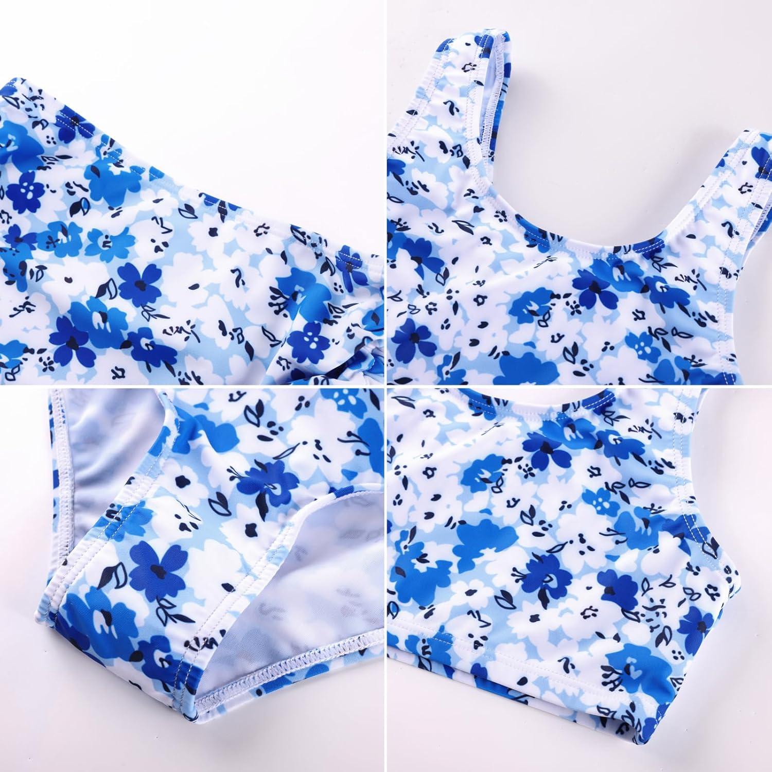 imageGRACE KARIN Girls Bathing Suit Adjustable Taniki Swimsuit Tie Front 4 Piece Bikini Set with Kimono Cover Up 614White Blue Floral