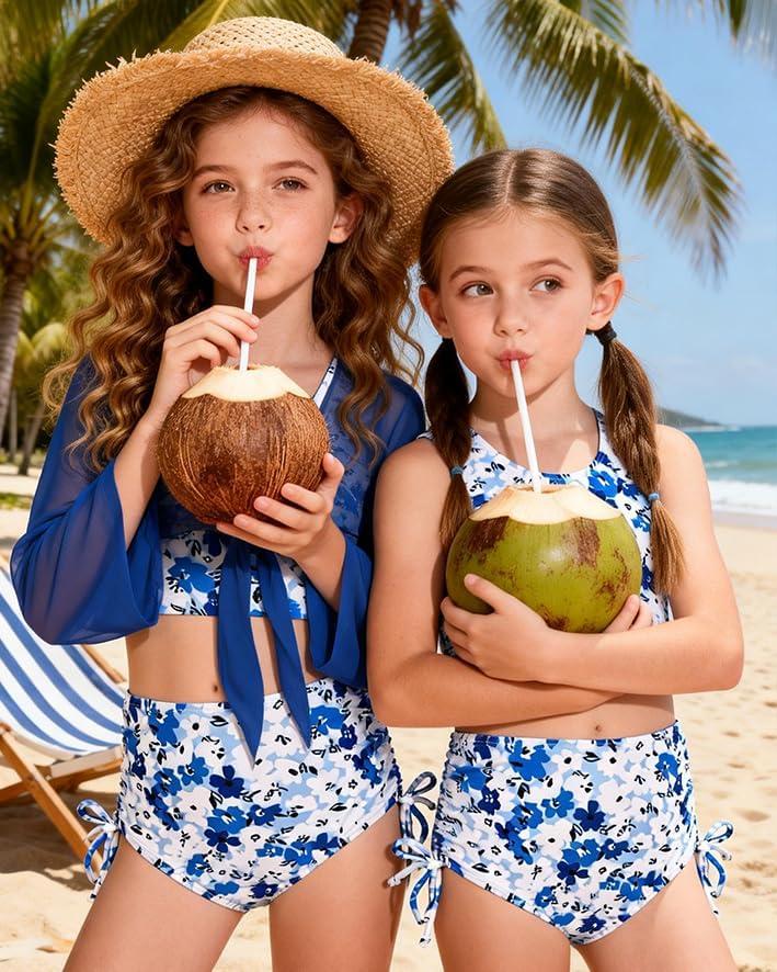 imageGRACE KARIN Girls Bathing Suit Adjustable Taniki Swimsuit Tie Front 4 Piece Bikini Set with Kimono Cover Up 614White Blue Floral
