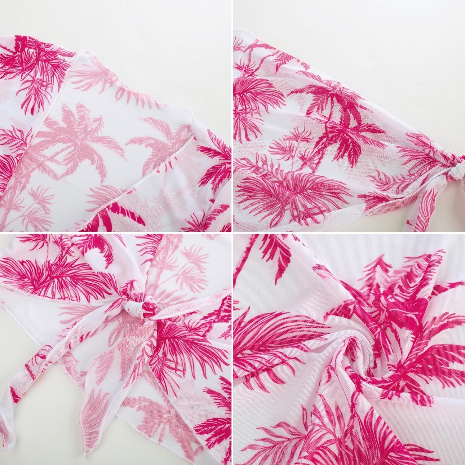 imageGRACE KARIN Girls Bathing Suit Adjustable Taniki Swimsuit Tie Front 4 Piece Bikini Set with Kimono Cover Up 614Whitehot Pink