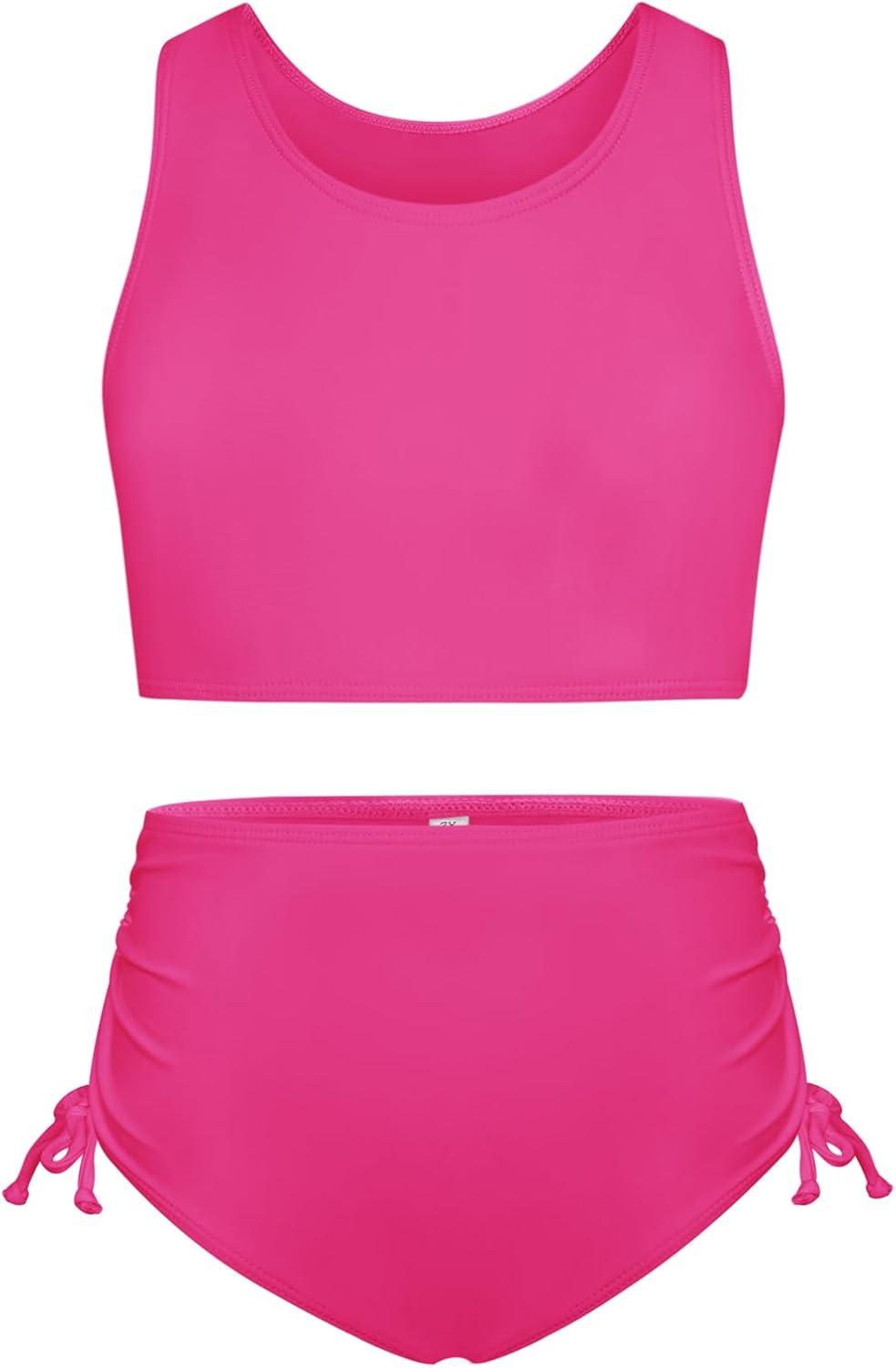 imageGRACE KARIN Girls Bathing Suit Adjustable Taniki Swimsuit Tie Front 4 Piece Bikini Set with Kimono Cover Up 614Whitehot Pink