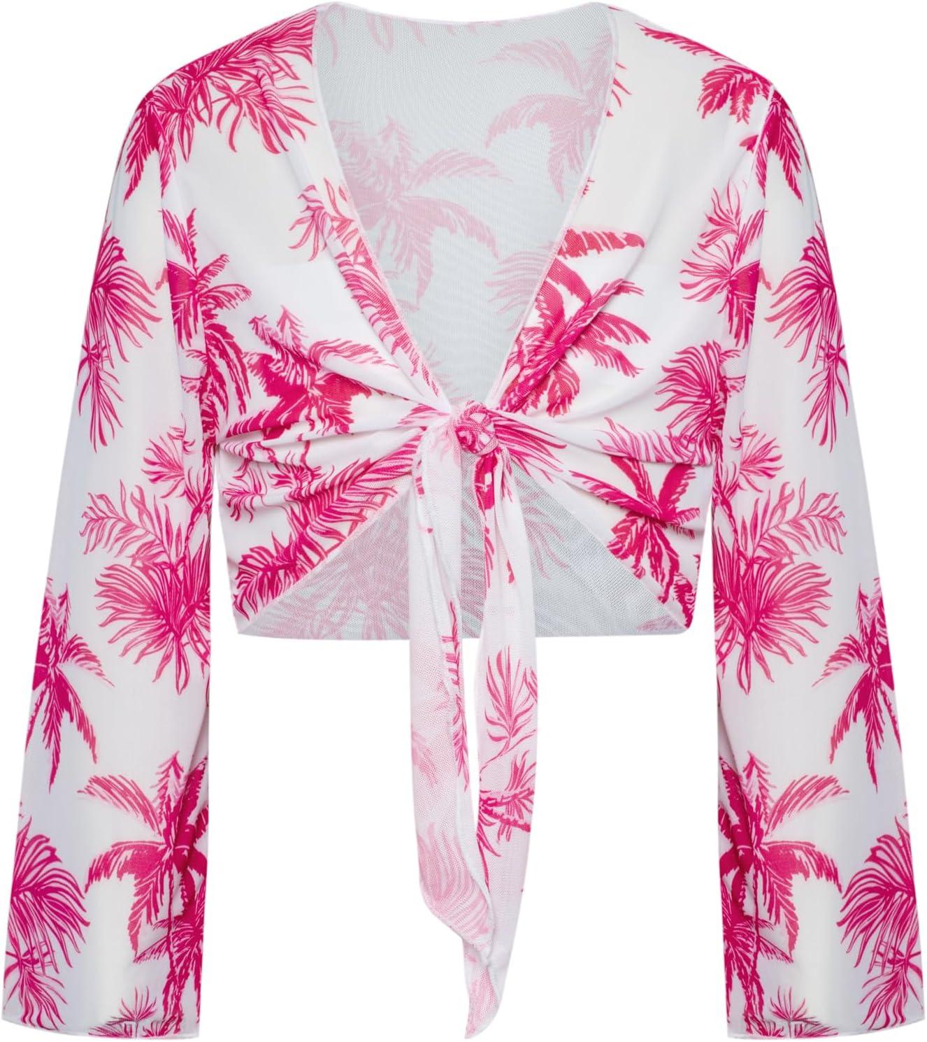 imageGRACE KARIN Girls Bathing Suit Adjustable Taniki Swimsuit Tie Front 4 Piece Bikini Set with Kimono Cover Up 614Whitehot Pink