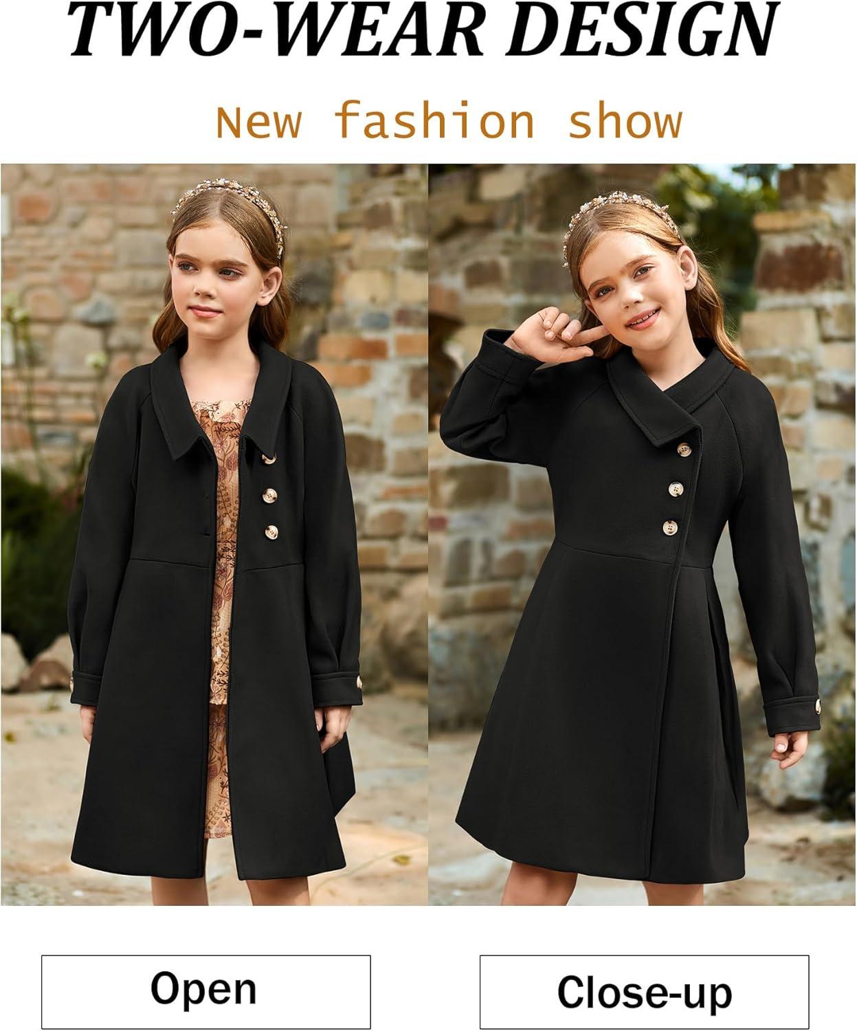 imageGRACE KARIN Girls Dress Coat Kids Wool Lapel Long Button Jackets Fall Winter Outerwear Peacoat with Pockets 512YBlack