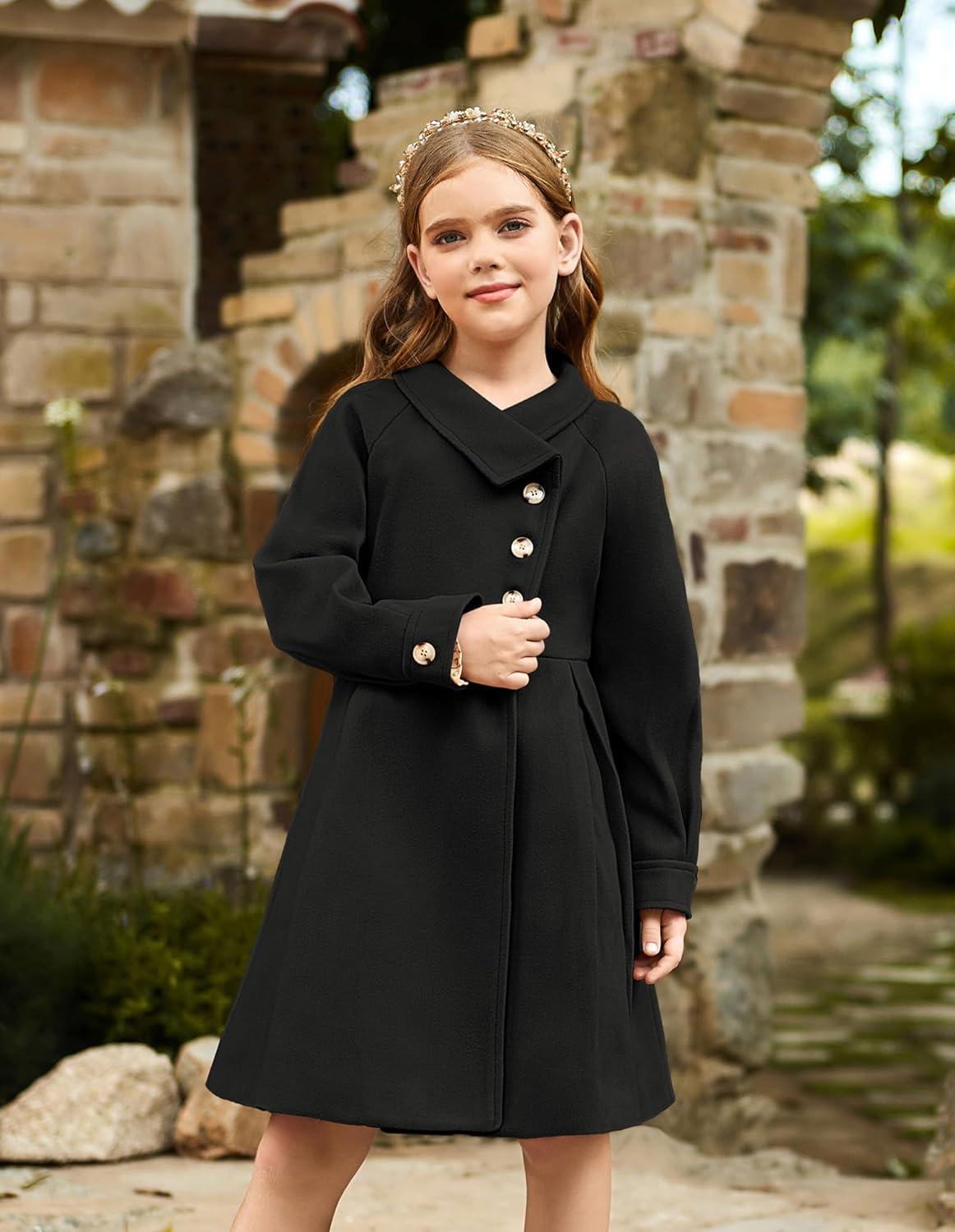 imageGRACE KARIN Girls Dress Coat Kids Wool Lapel Long Button Jackets Fall Winter Outerwear Peacoat with Pockets 512YBlack