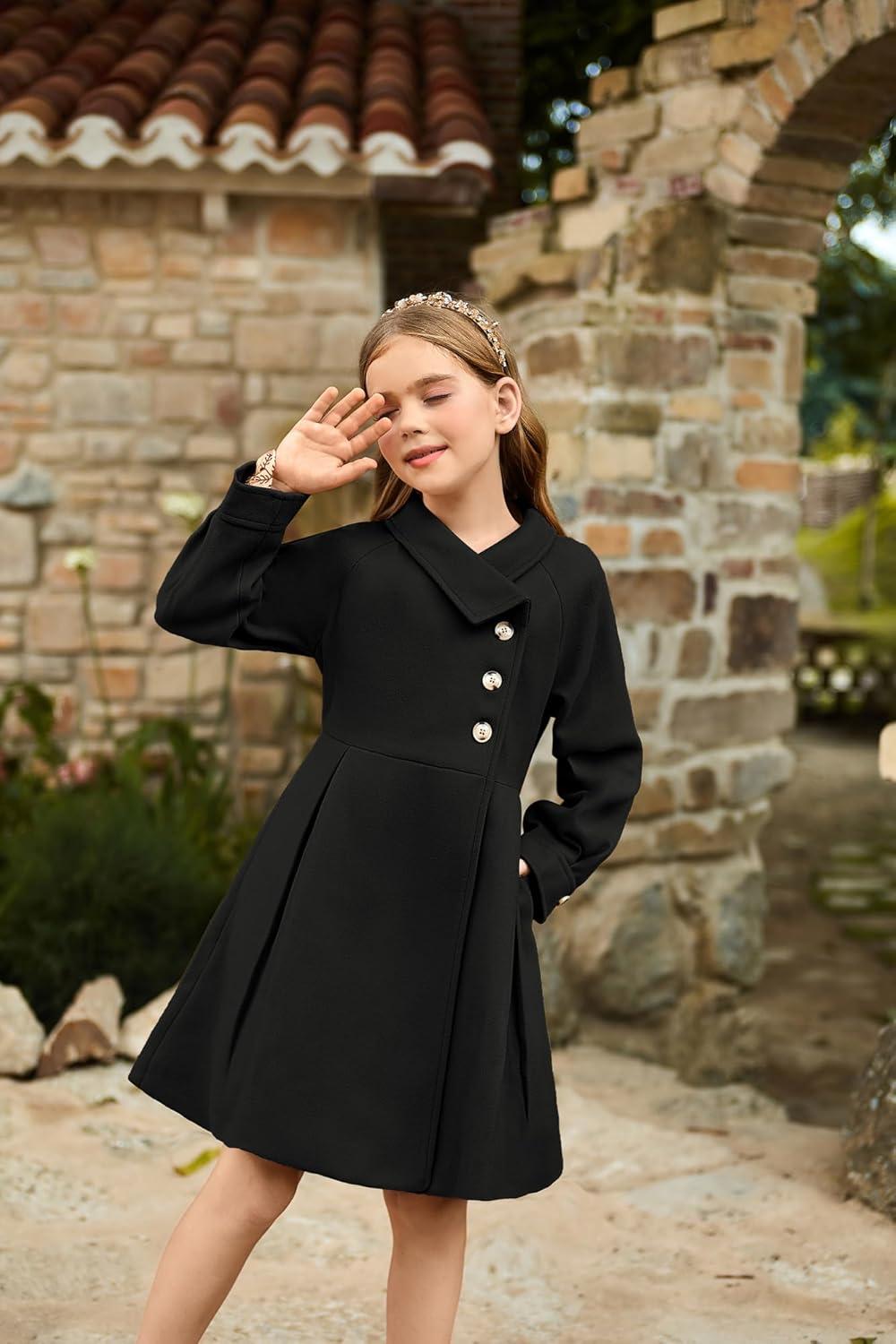 imageGRACE KARIN Girls Dress Coat Kids Wool Lapel Long Button Jackets Fall Winter Outerwear Peacoat with Pockets 512YBlack