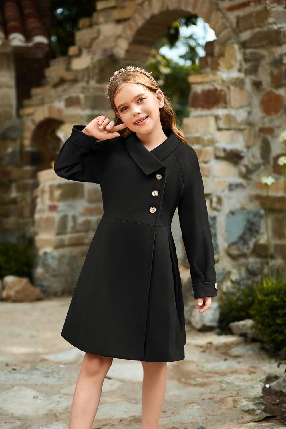 imageGRACE KARIN Girls Dress Coat Kids Wool Lapel Long Button Jackets Fall Winter Outerwear Peacoat with Pockets 512YBlack